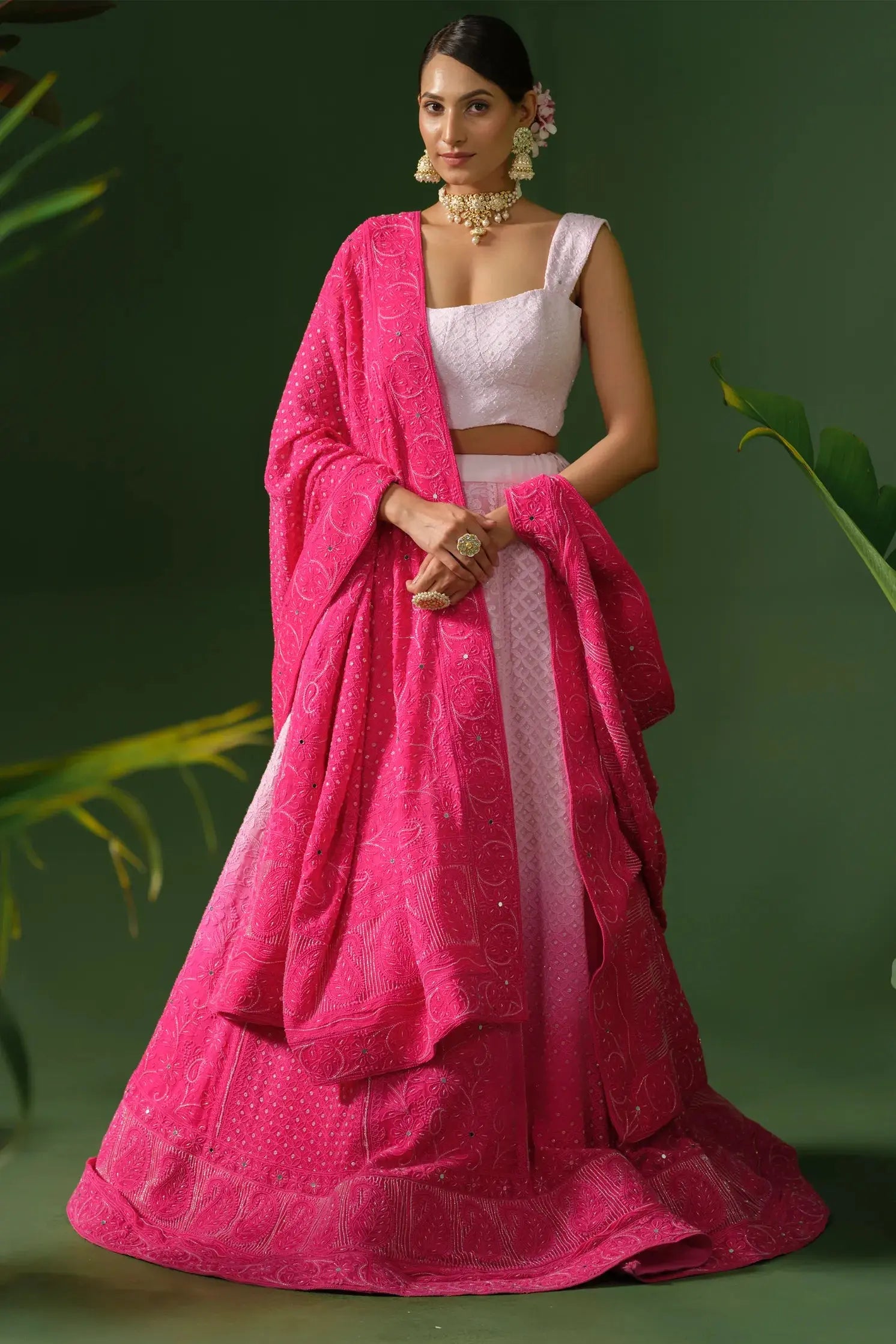 Georgette Chikankari with Cut Dana Pink Ombre Lehenga with Dupatta The House of Indu