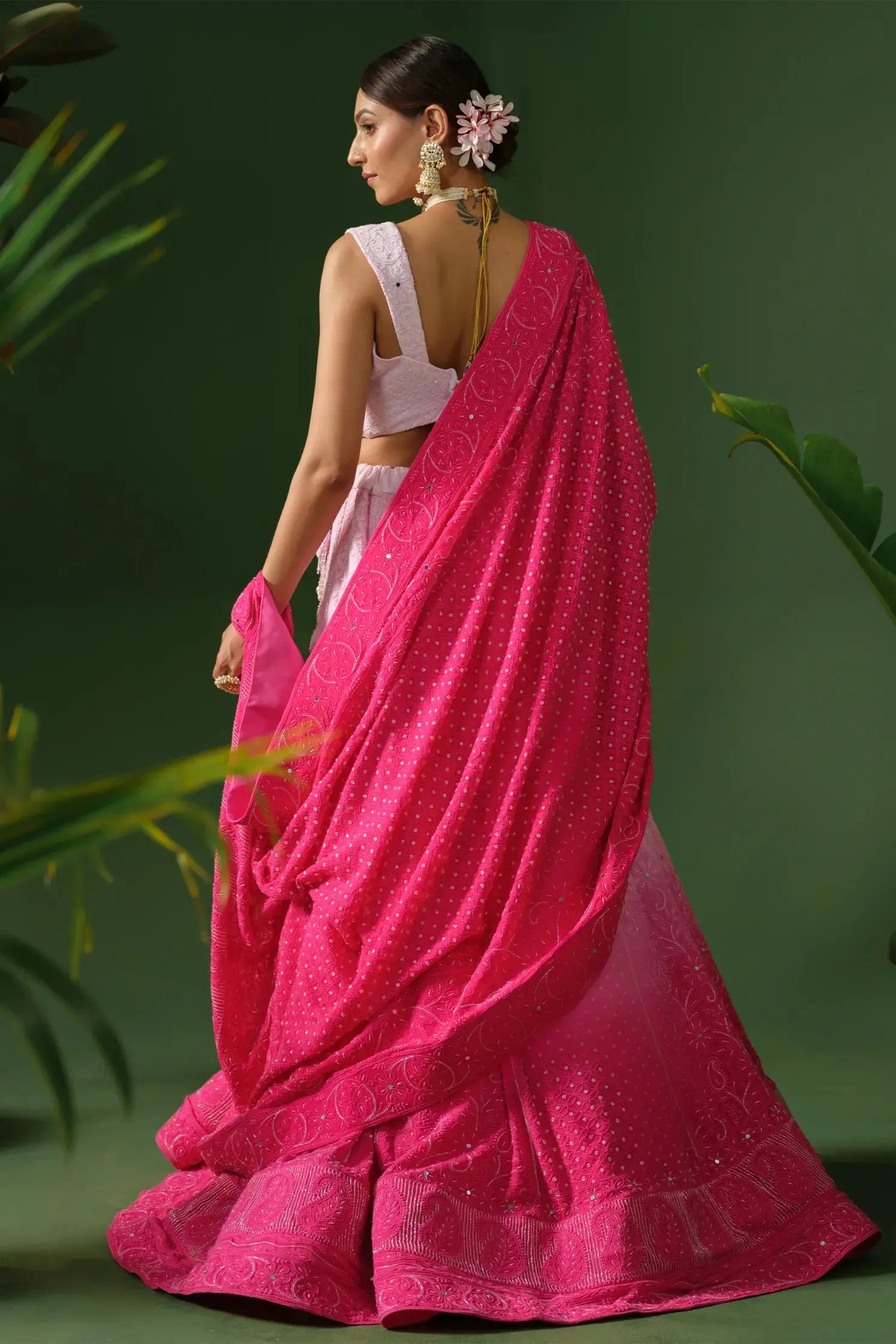 Georgette Chikankari with Cut Dana Pink Ombre Lehenga with Dupatta The House of Indu