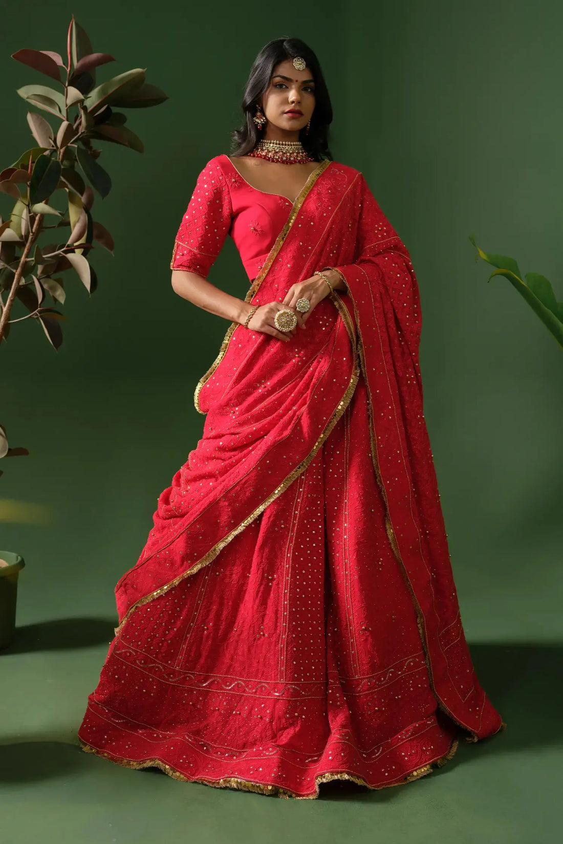 Georgette Chikankari with Mukaish Red Lehenga with Veil The House of Indu