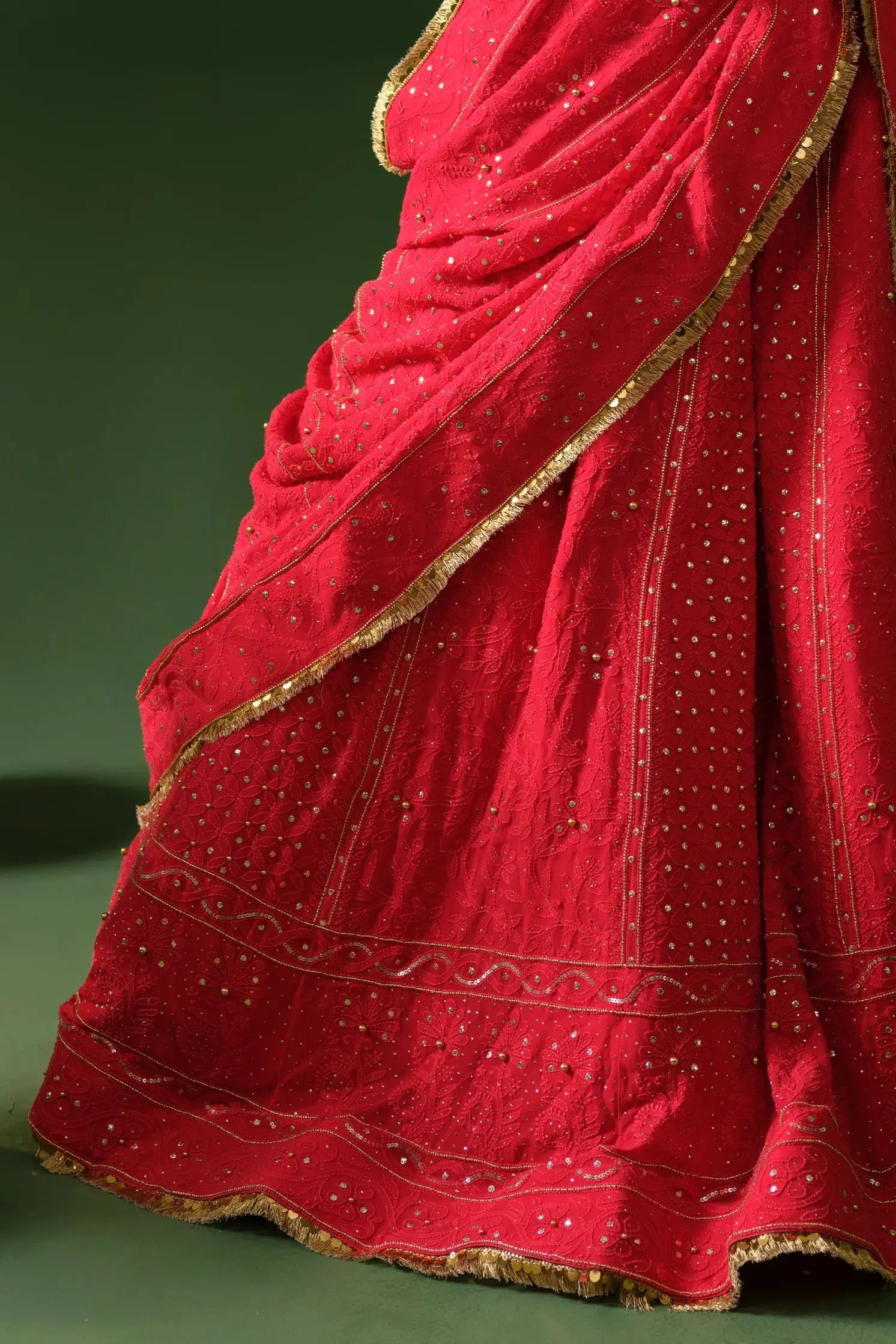 Georgette Chikankari with Mukaish Red Lehenga with Veil The House of Indu