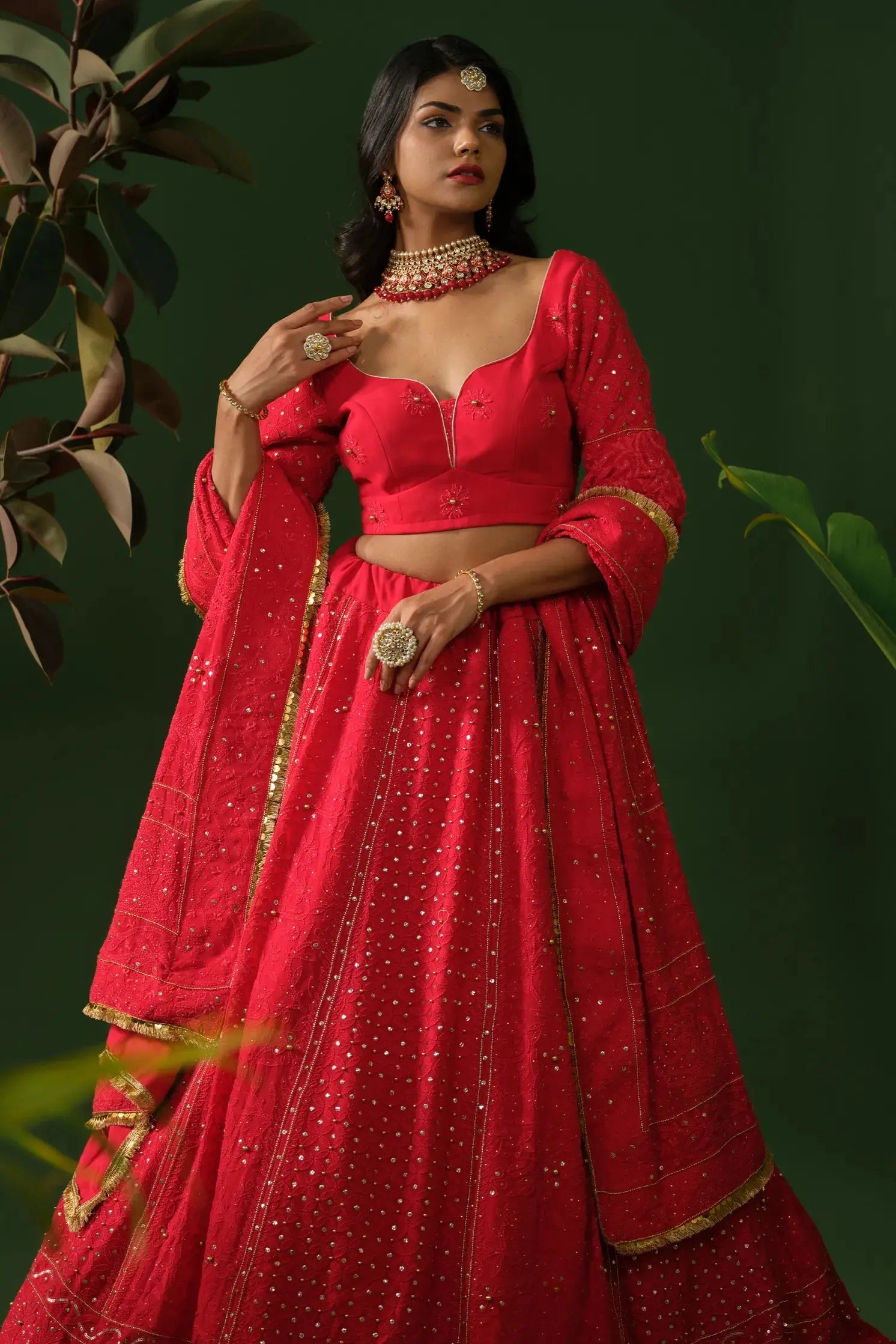 Georgette Chikankari with Mukaish Red Lehenga with Veil The House of Indu