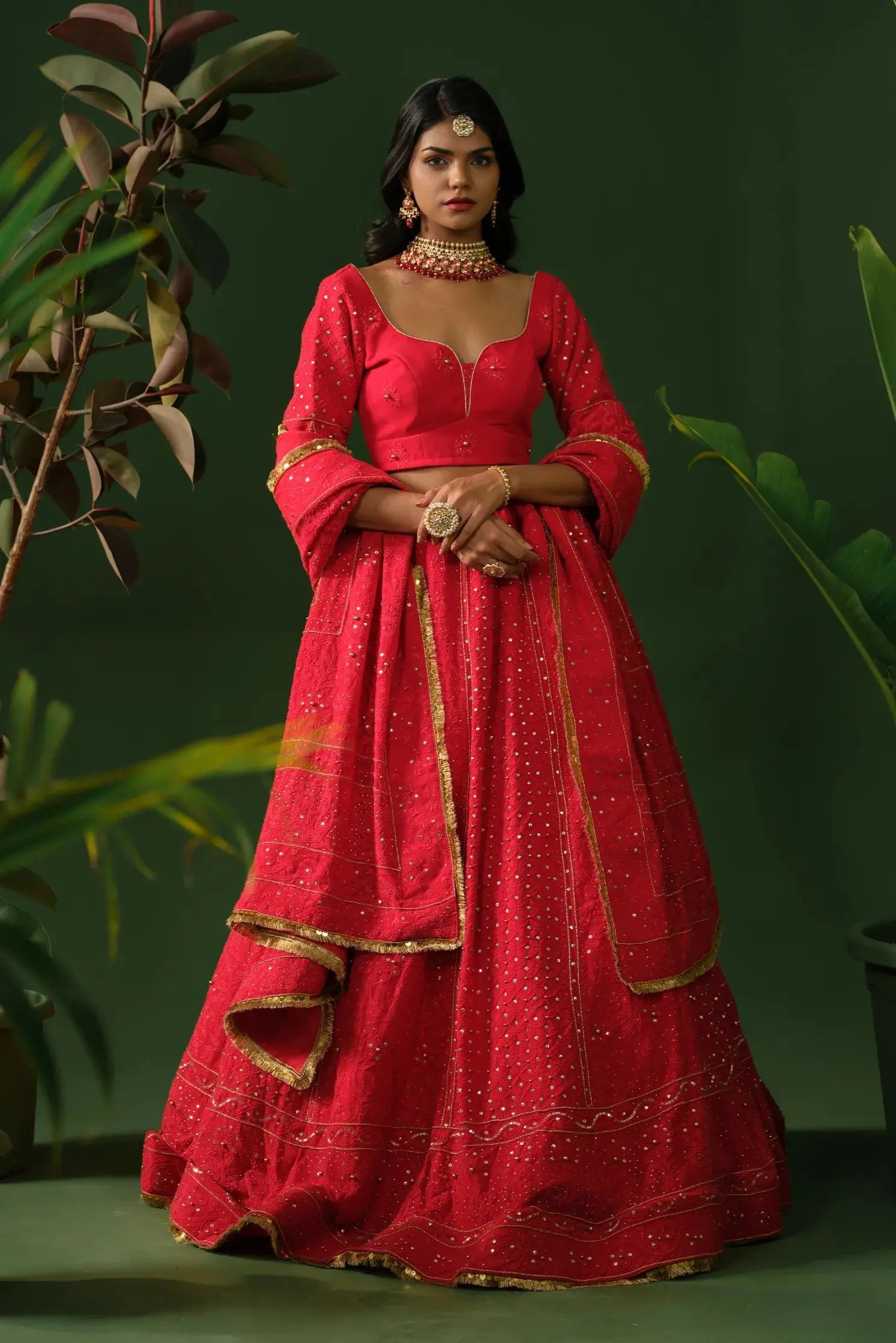 Georgette Chikankari with Mukaish Red Lehenga with Veil The House of Indu