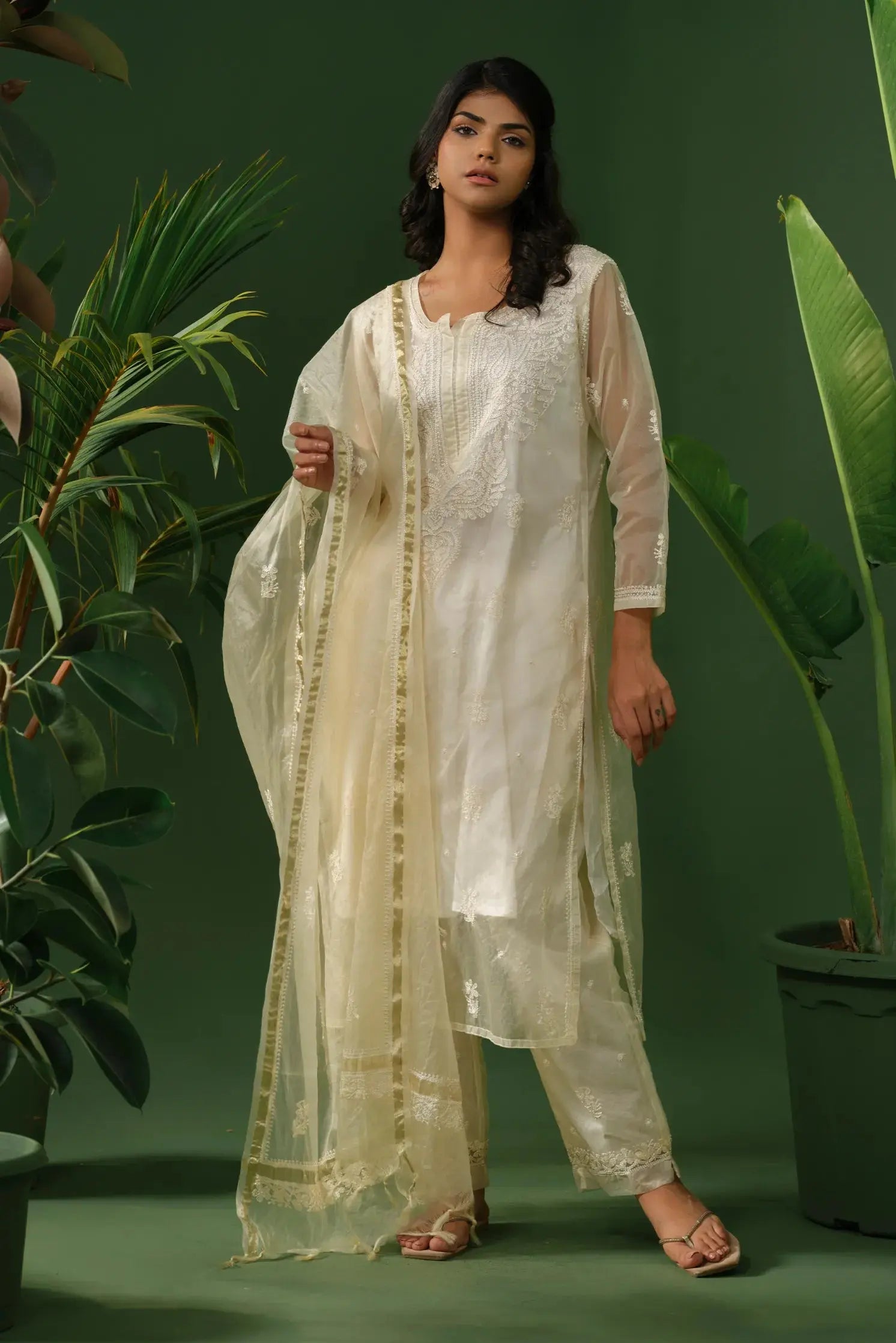 Organza Chikankari Kurta & Palazzo Set with Dupatta The House of Indu