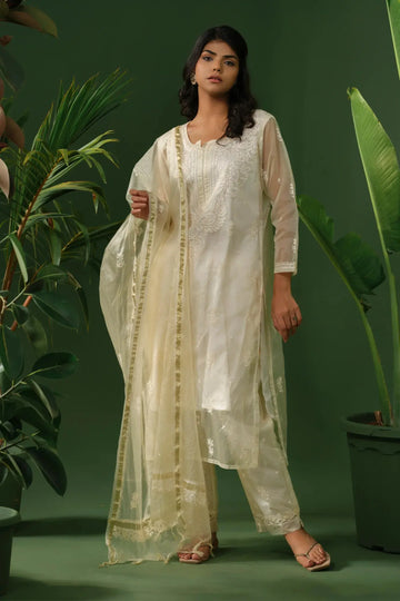 Organza Chikankari Kurta & Palazzo Set with Dupatta The House of Indu