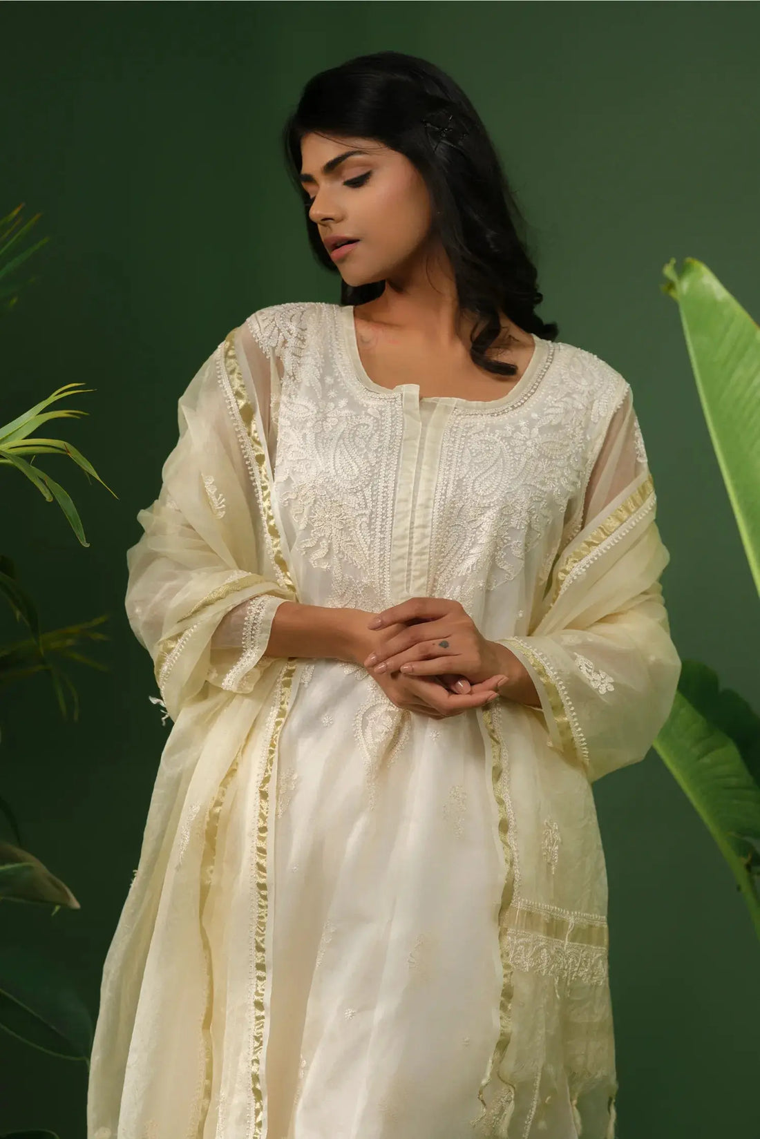 Organza Chikankari Kurta & Palazzo Set with Dupatta The House of Indu