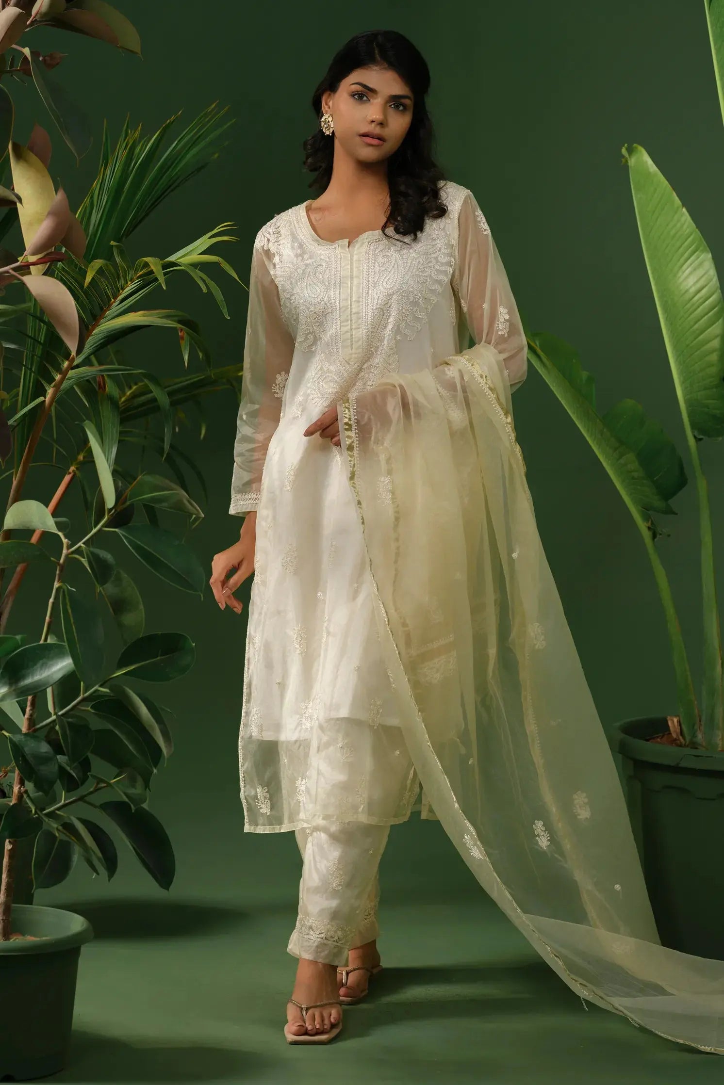 Organza Chikankari Kurta & Palazzo Set with Dupatta The House of Indu