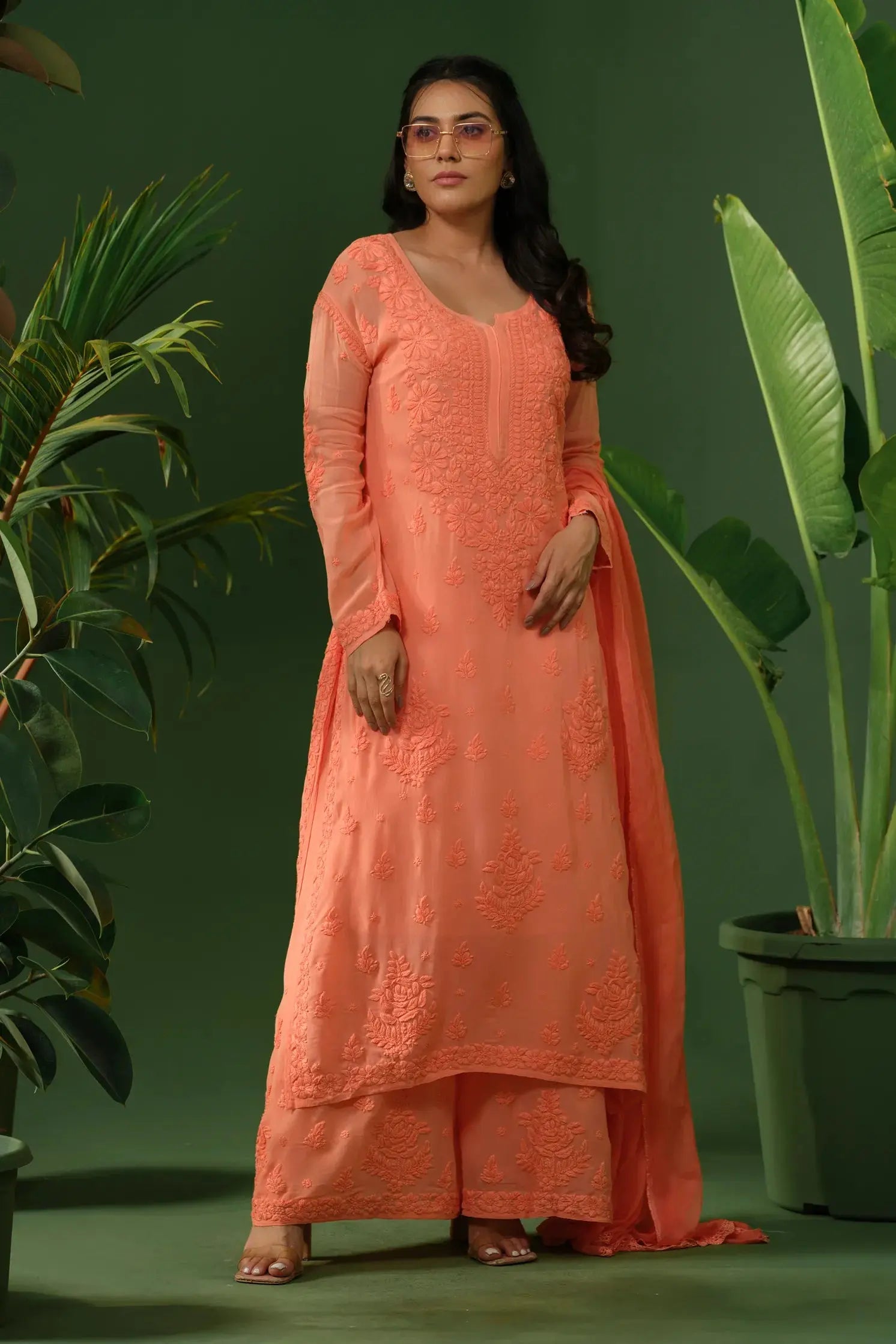 Viscose Chikankari Kurta Set with Palazzo & Dupatta The House of Indu