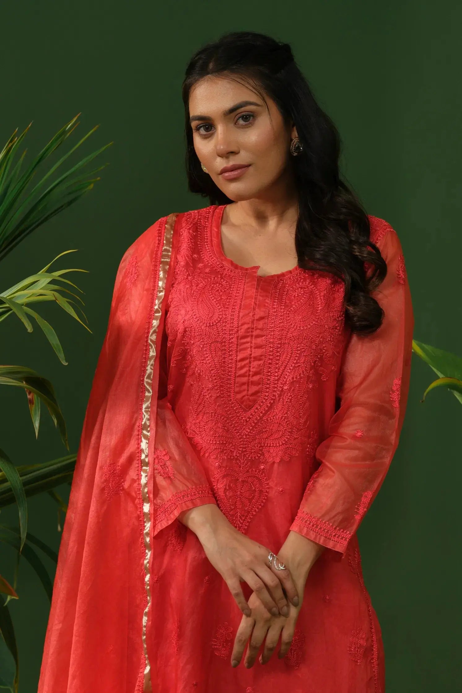 Organza Chikankari Kurta & Palazzo Set with Dupatta The House of Indu