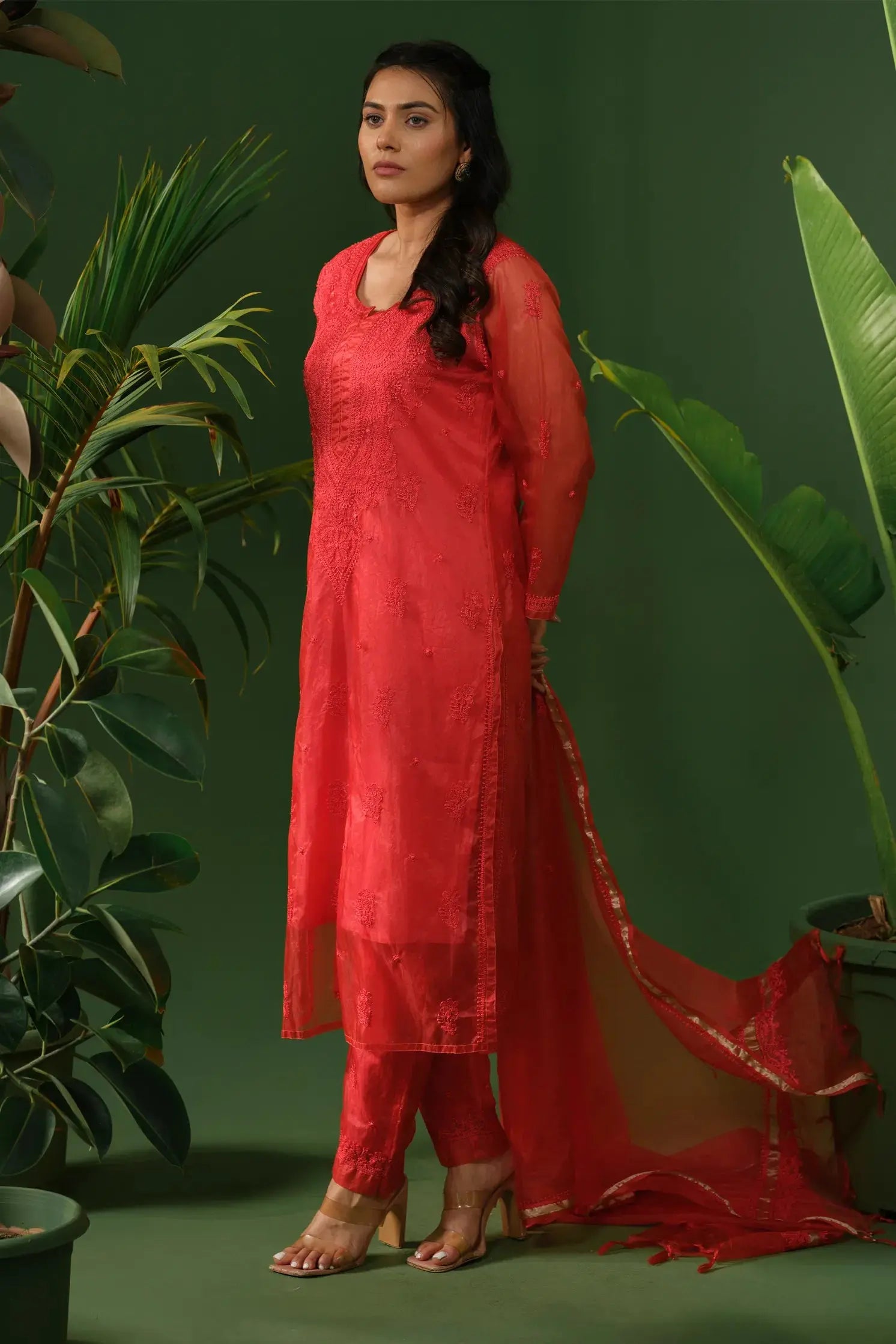 Organza Chikankari Kurta & Palazzo Set with Dupatta The House of Indu