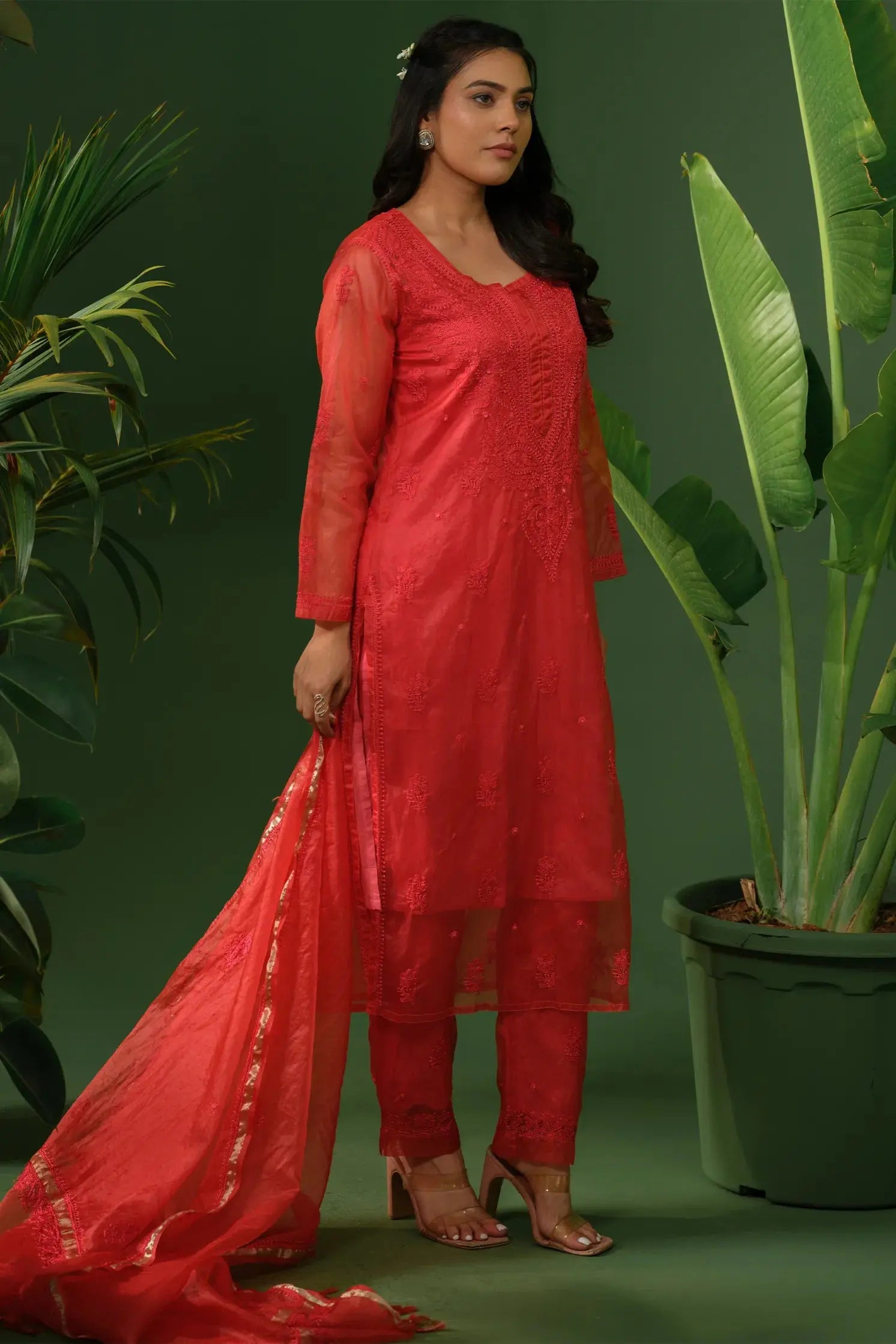 Organza Chikankari Kurta & Palazzo Set with Dupatta The House of Indu