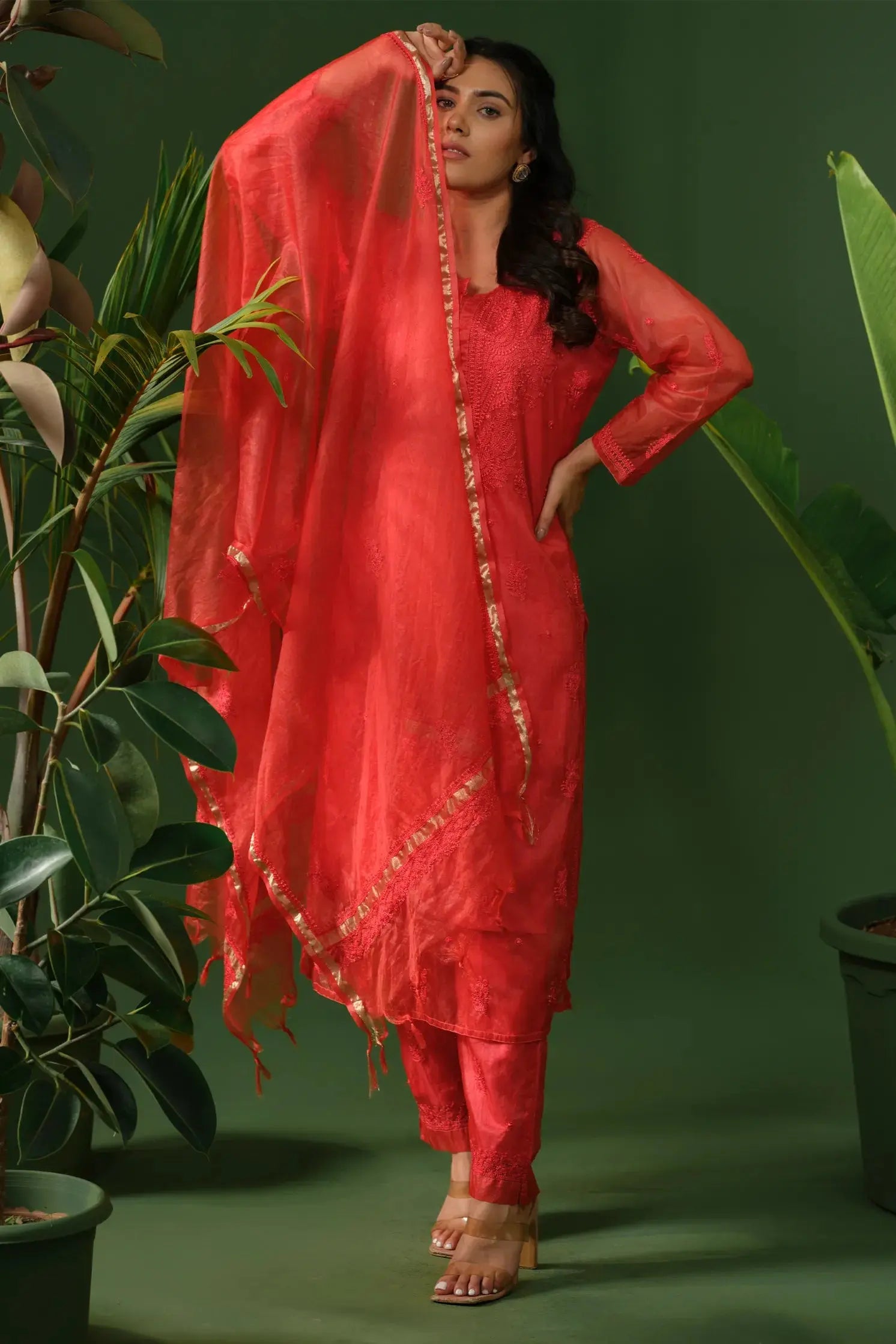 Organza Chikankari Kurta & Palazzo Set with Dupatta The House of Indu