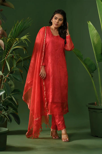 Organza Chikankari Kurta & Palazzo Set with Dupatta The House of Indu