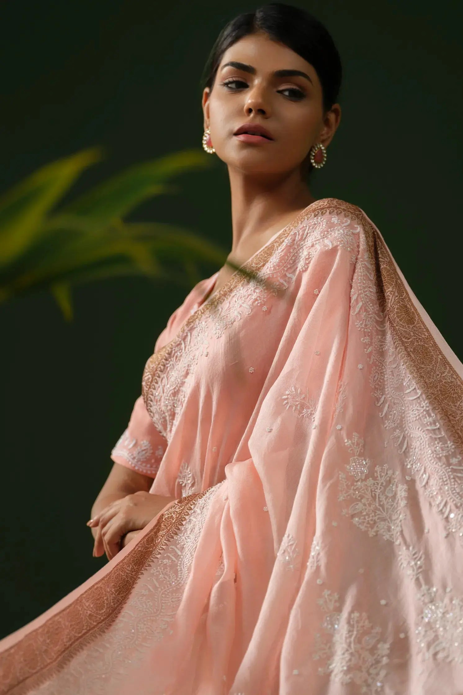 Chanderi Chikankari Peach Saree