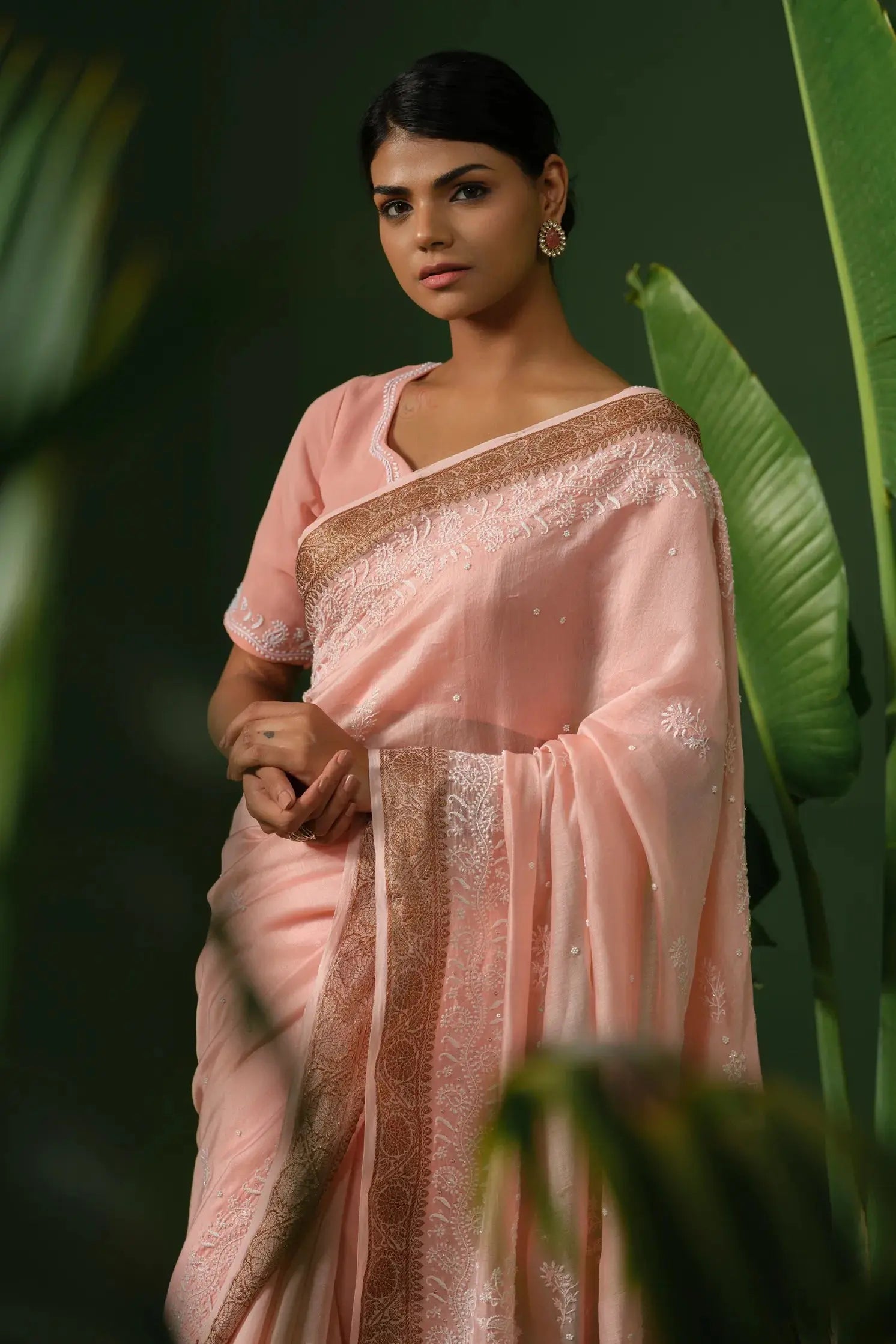 Chanderi Chikankari Peach Saree