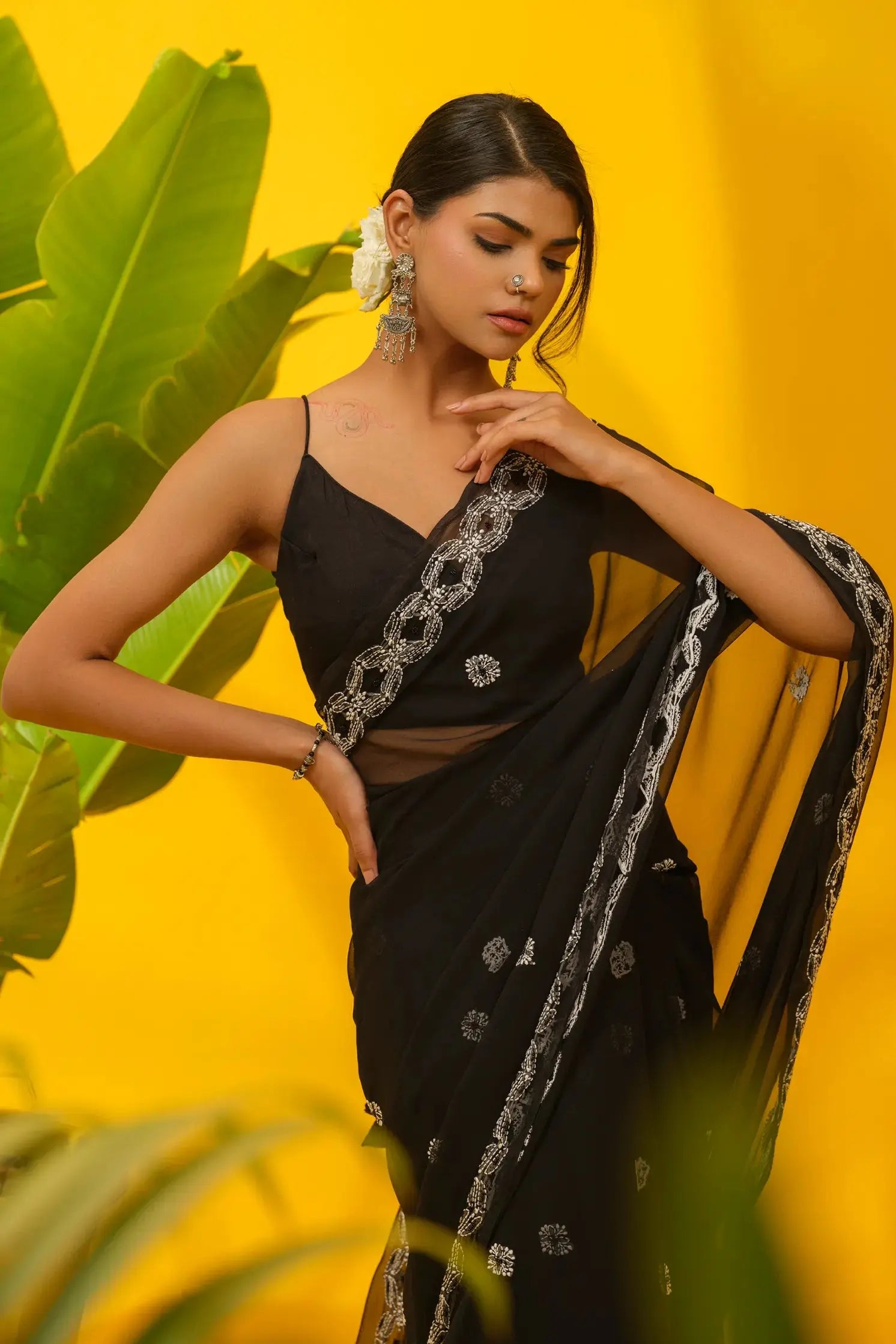 Georgette Chikankari Black Saree with Blouse The House of Indu