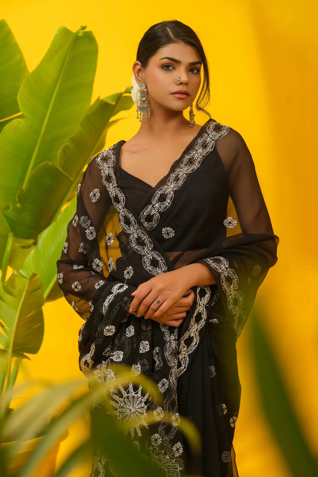 Georgette Chikankari Black Saree with Blouse The House of Indu