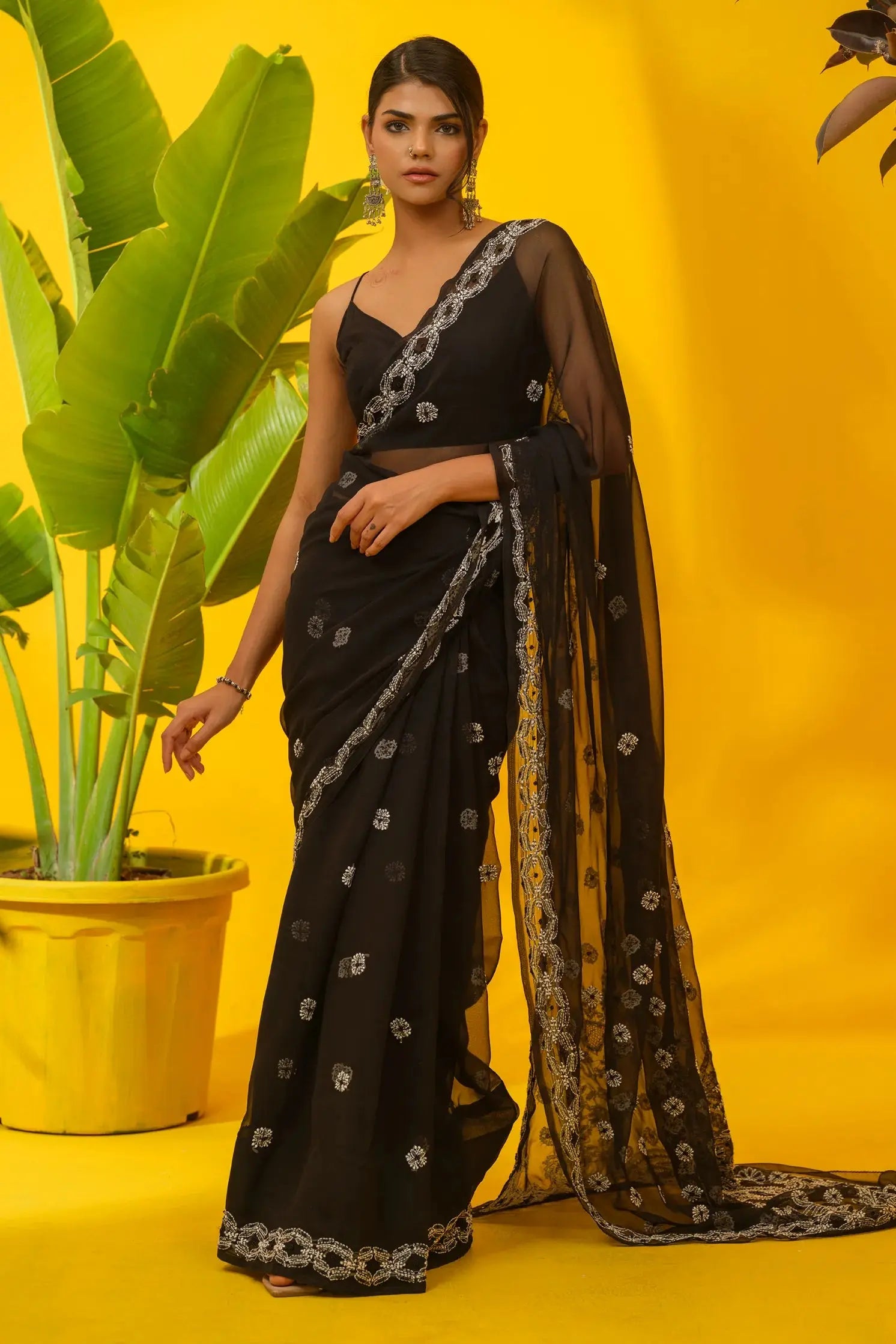 Georgette Chikankari Black Saree with Blouse The House of Indu