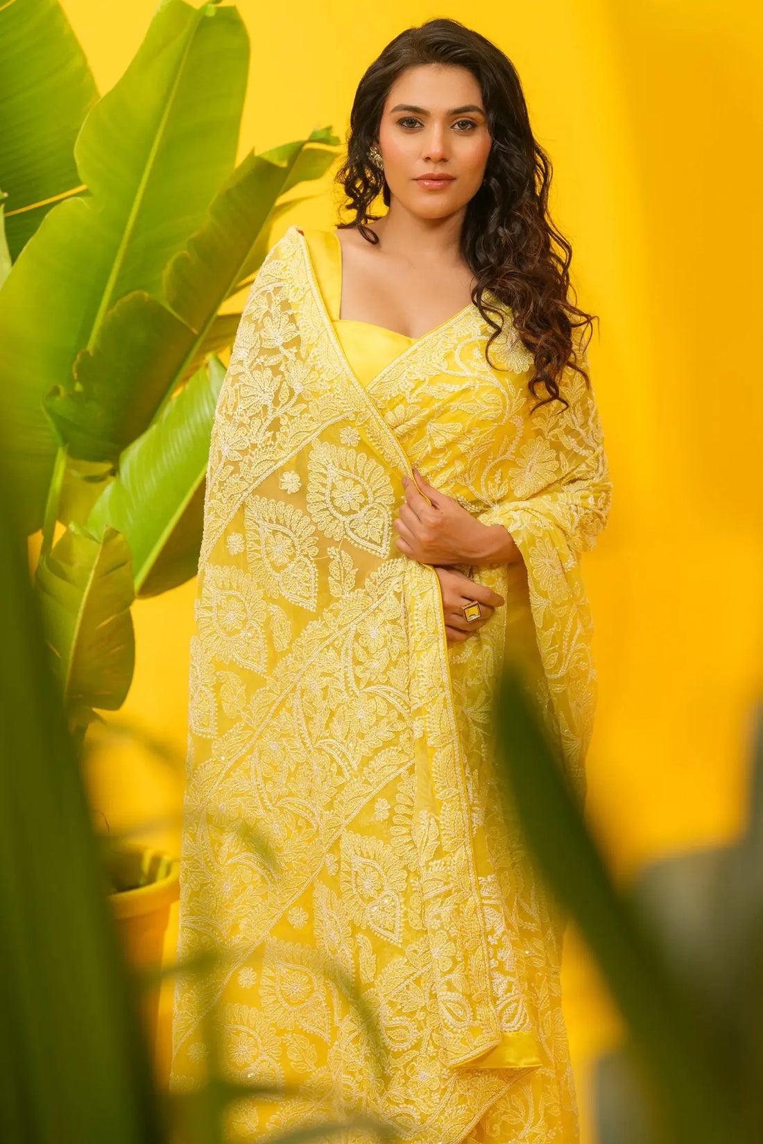 Georgette Chikankari yellow Saree with Blouse The House of Indu