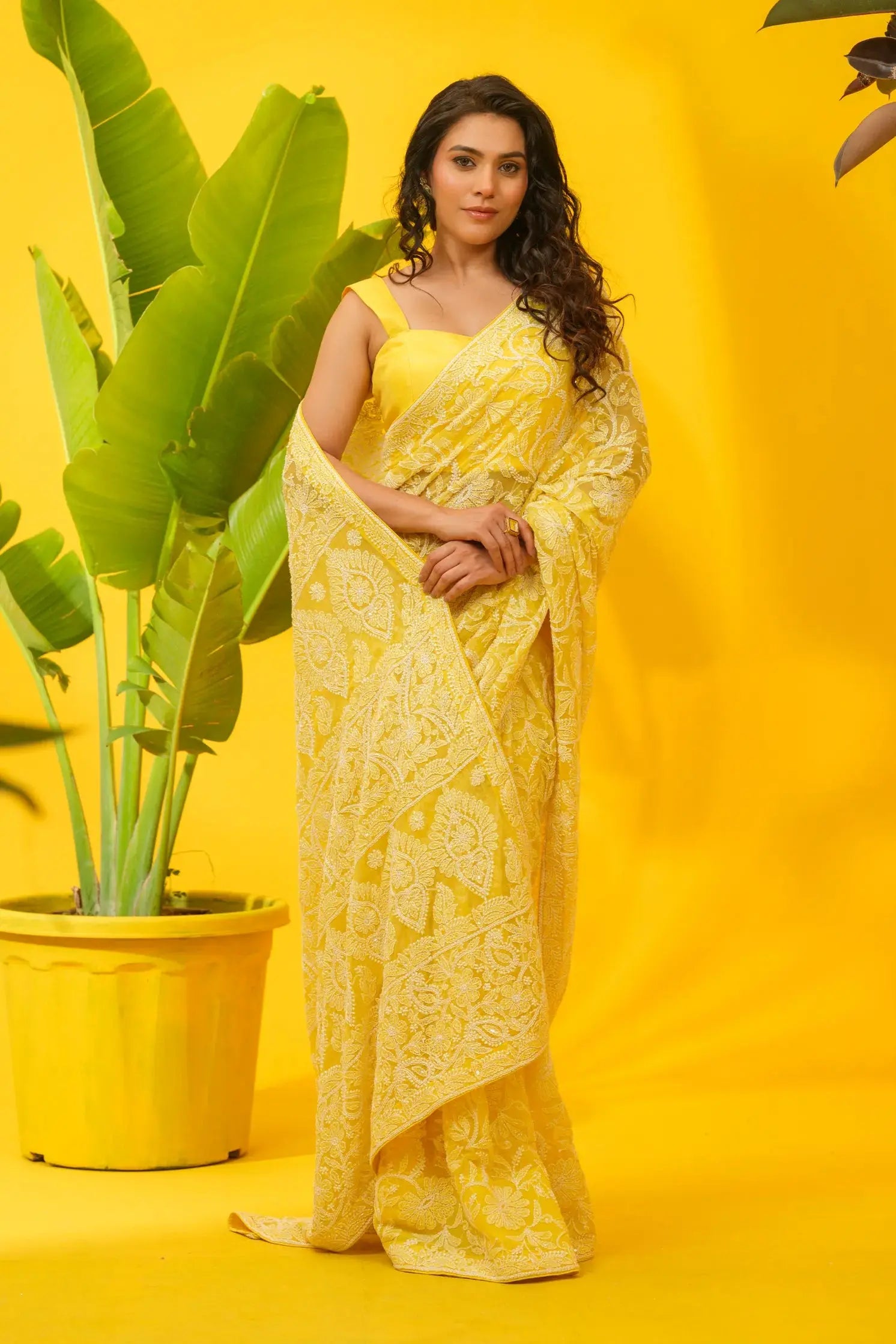 Georgette Chikankari yellow Saree with Blouse The House of Indu