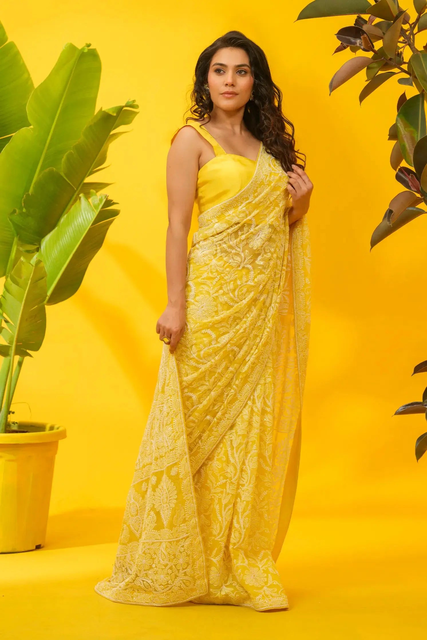 Georgette Chikankari yellow Saree with Blouse The House of Indu