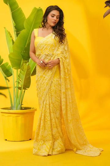 Georgette Chikankari yellow Saree with Blouse The House of Indu