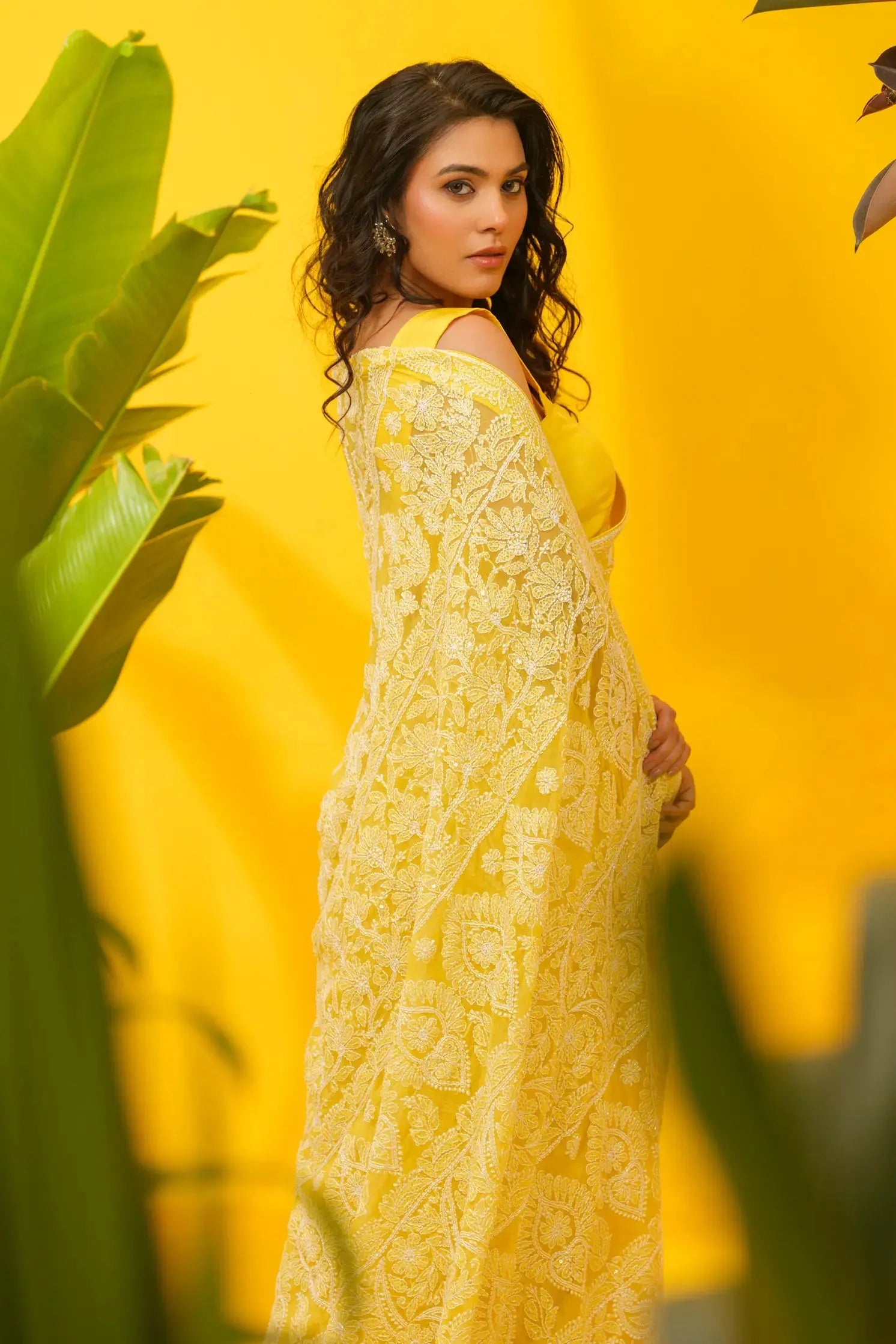 Georgette Chikankari yellow Saree with Blouse The House of Indu