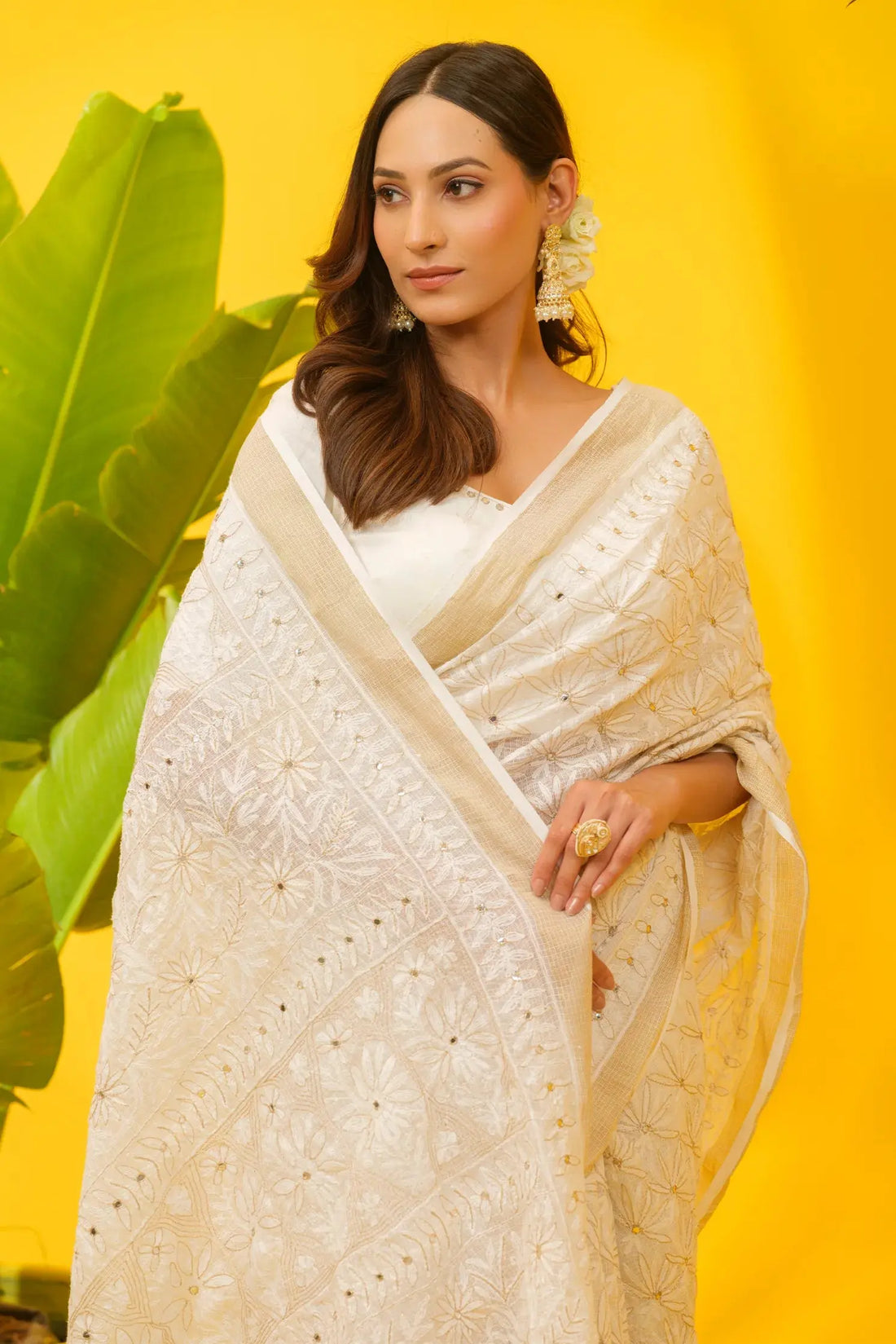 Kota Cotton Chikankari White Saree with Blouse The House of Indu