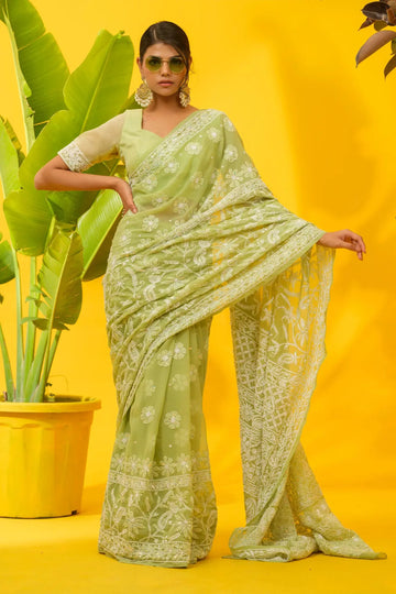 Georgette Chikankari Green Saree with Blouse - The House of Indu