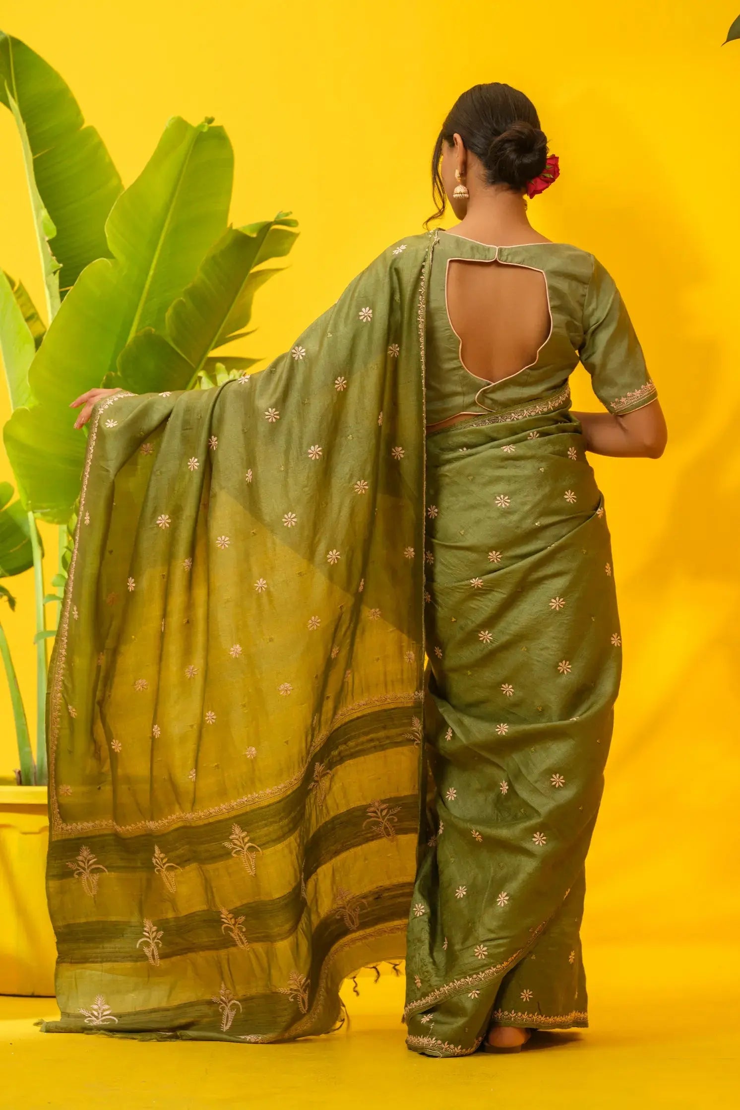 Tussar Silk Chikankari Mehandi Green Saree The House of Indu