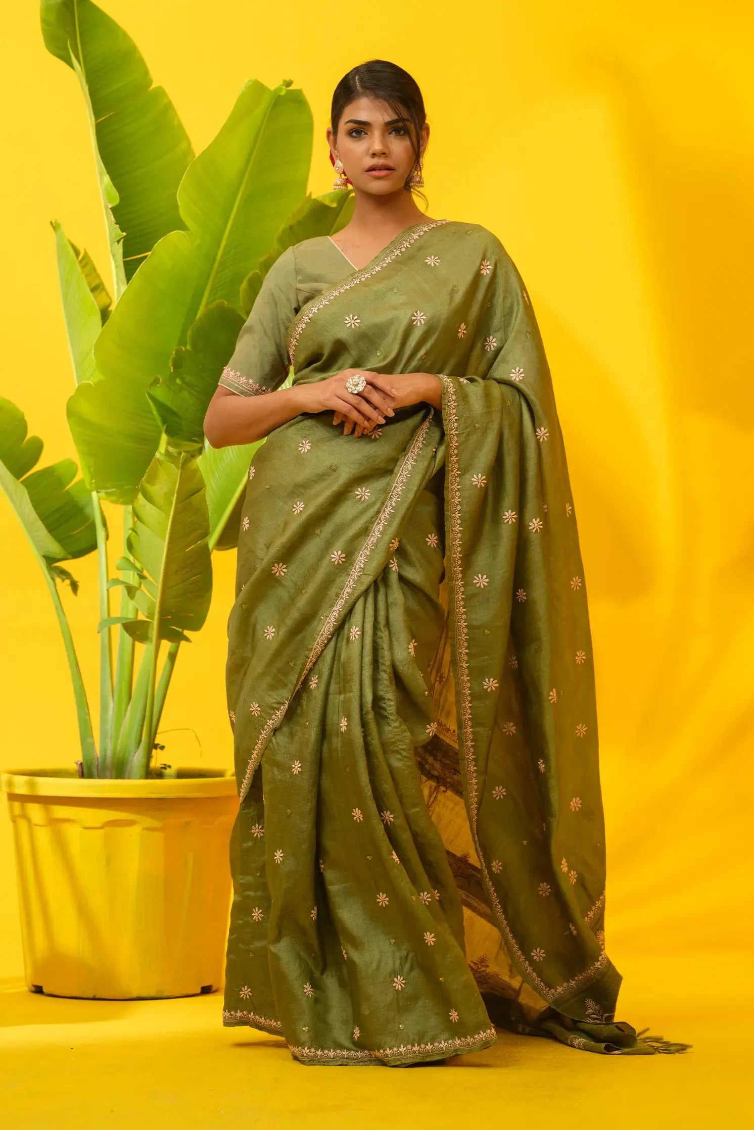 Tussar Silk Chikankari Mehandi Green Saree The House of Indu