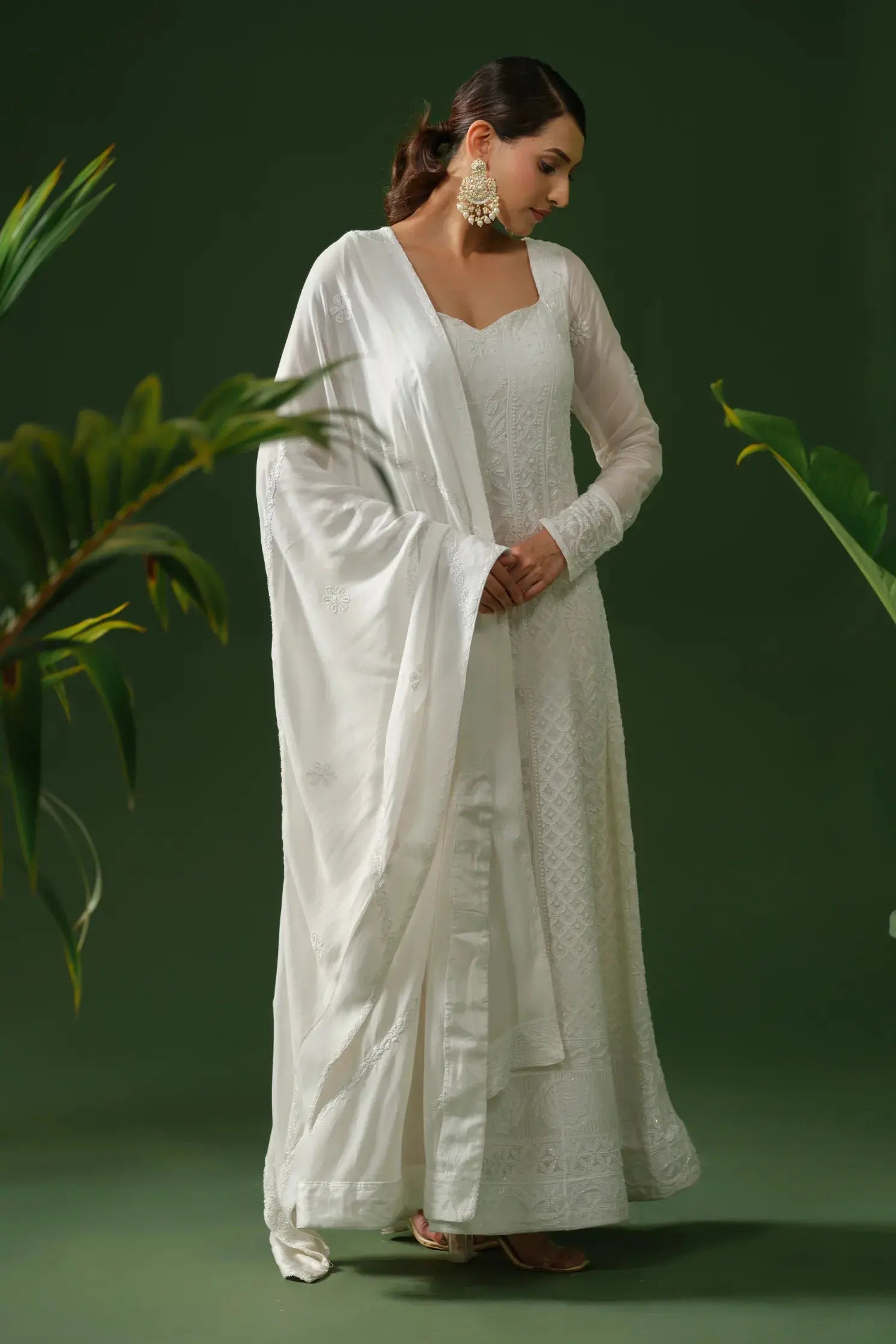 Chikankari White Anarkali with Dupatta The House of Indu