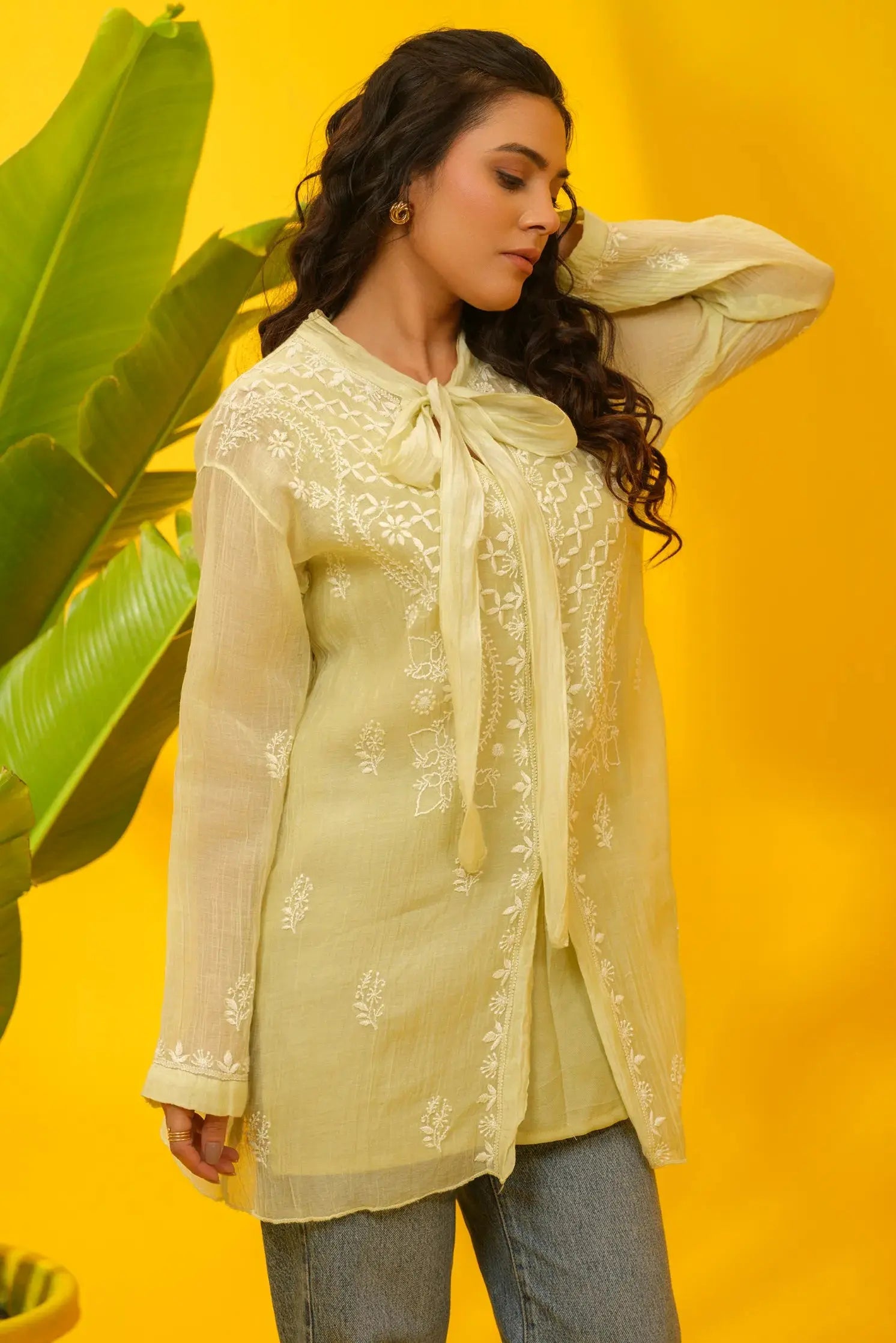 Mul Mul Chikankari Bow Shirt The House of Indu