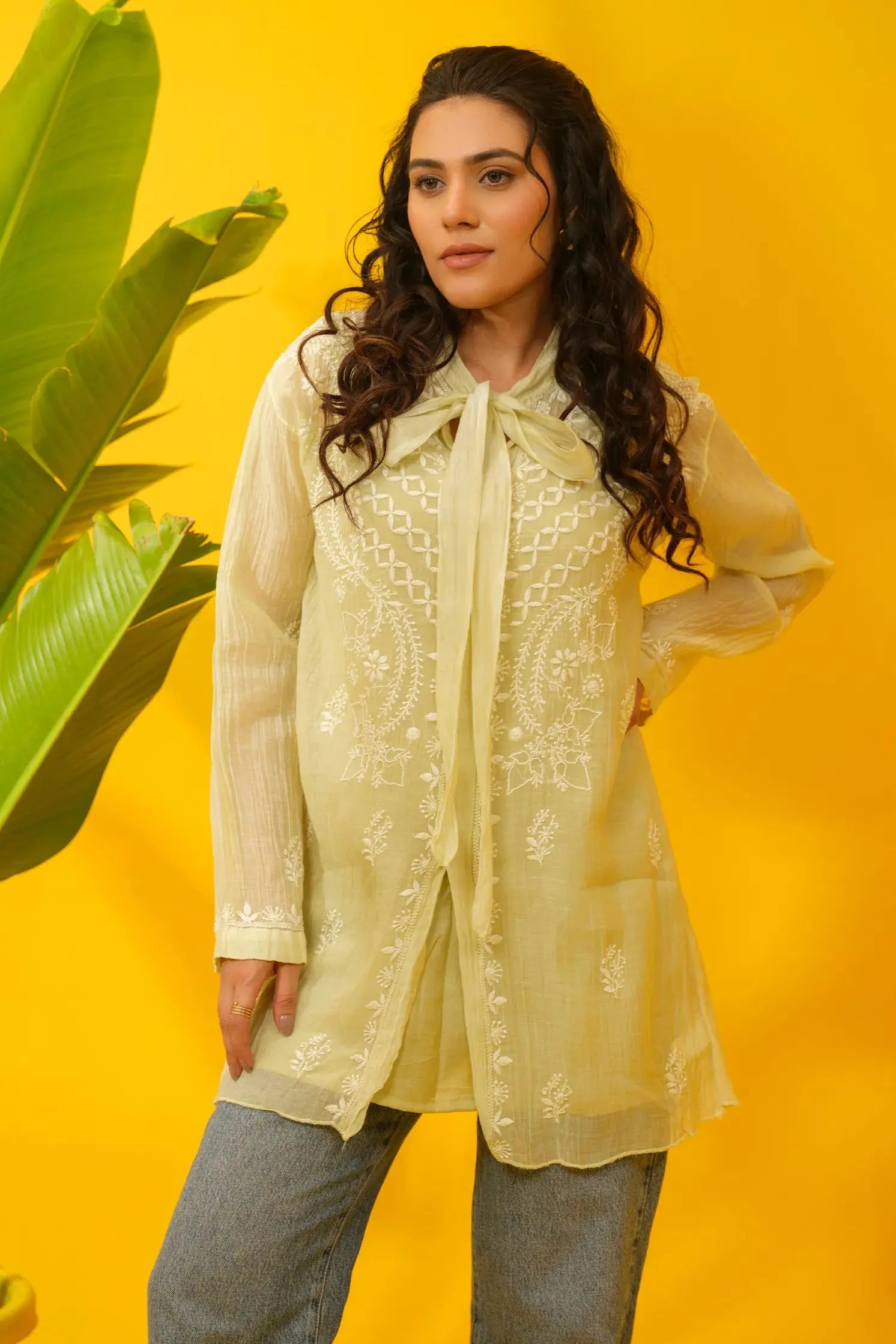 Mul Mul Chikankari Bow Shirt The House of Indu