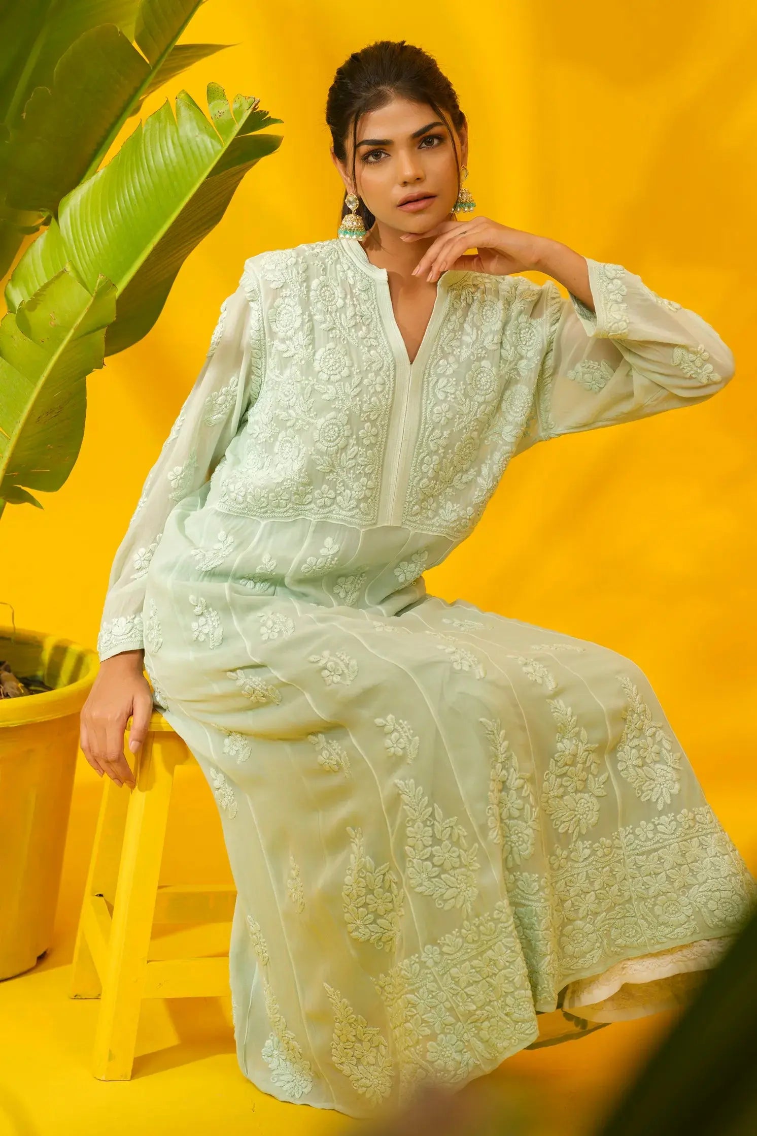 Georgette Chikankari A-Line Kurta The House of Indu