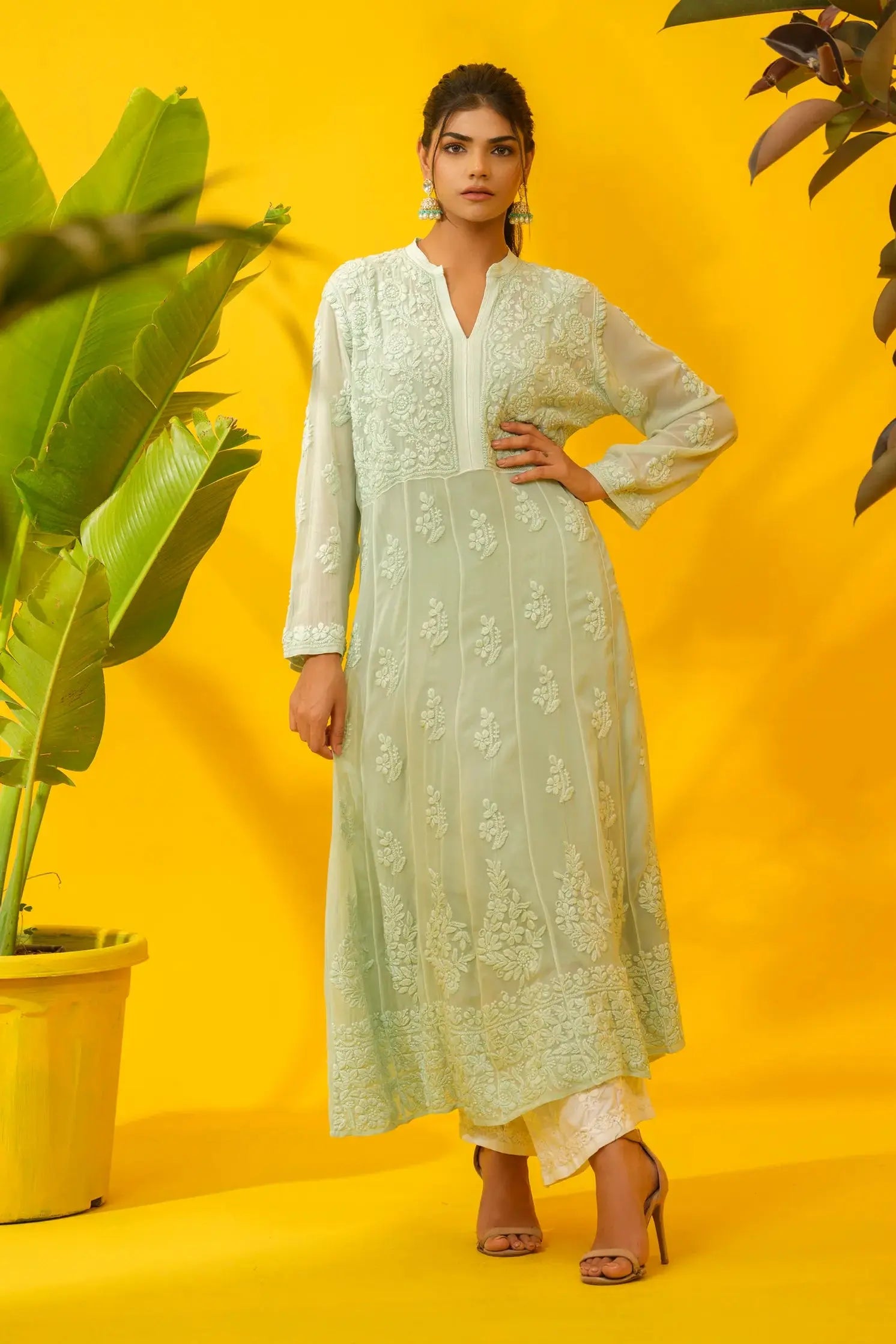 Georgette Chikankari A-Line Kurta The House of Indu