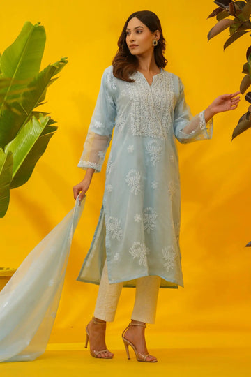 Organza Chikankari Kurta & Dupatta The House of Indu