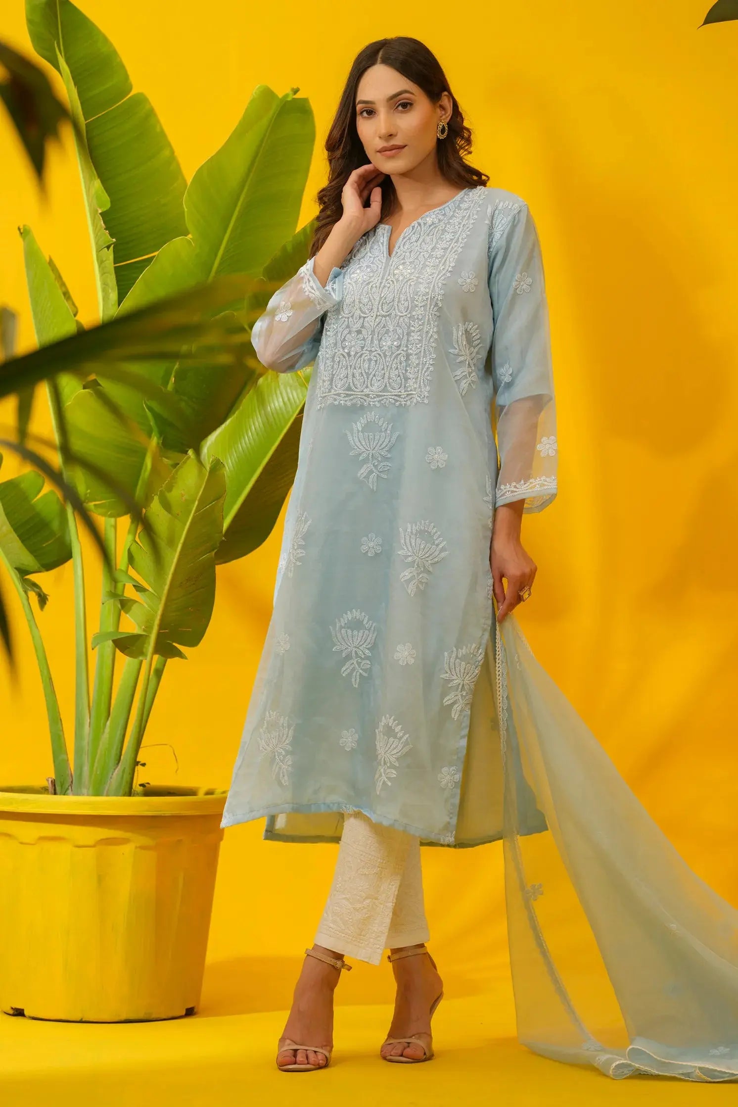 Organza Chikankari Kurta & Dupatta The House of Indu