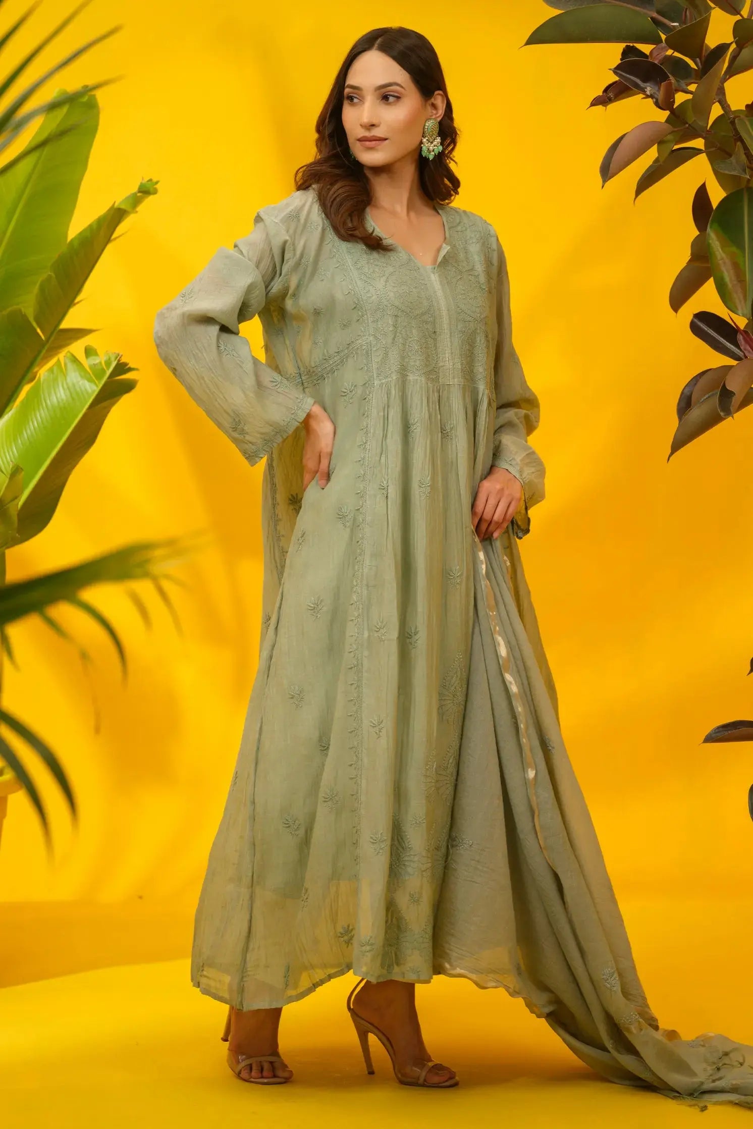 Mul Chanderi Chikankari Kurta & Dupatta Set The House of Indu