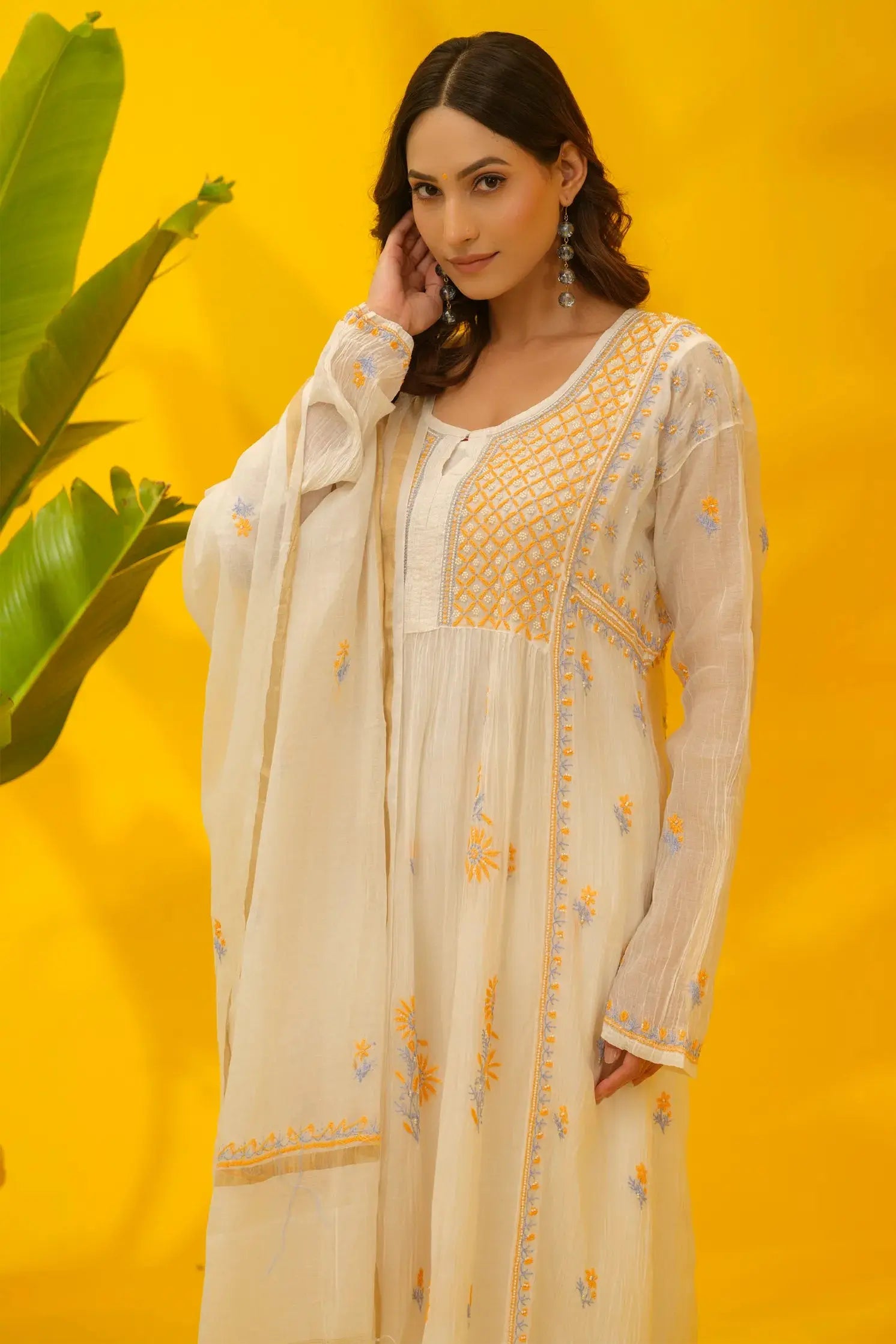 Mul Chanderi Chikankari A-Line Adorn Kurta & Dupatta Set The House of Indu