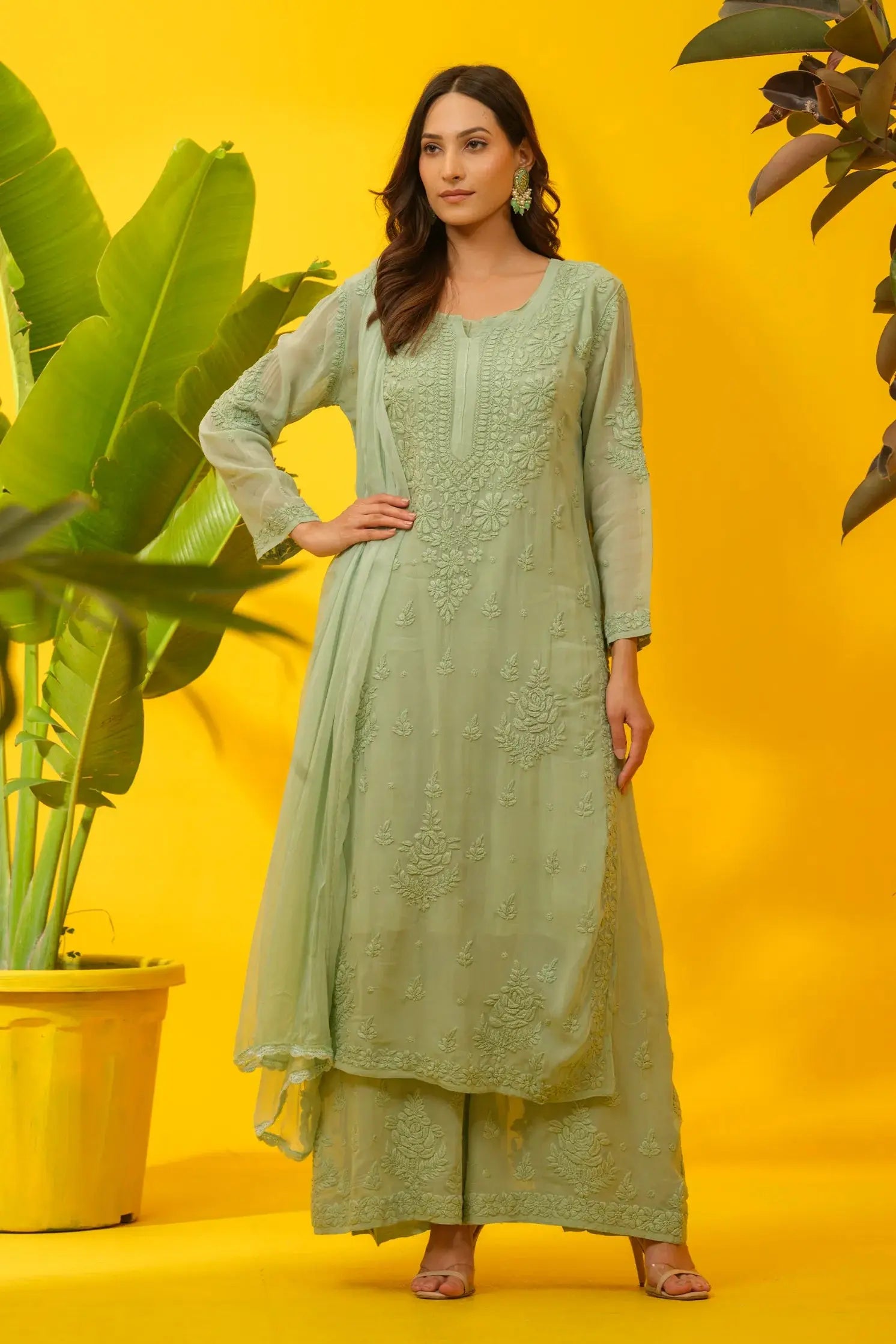 Viscose Chikankari Kurta Set with Palazzo & Dupatta The House of Indu