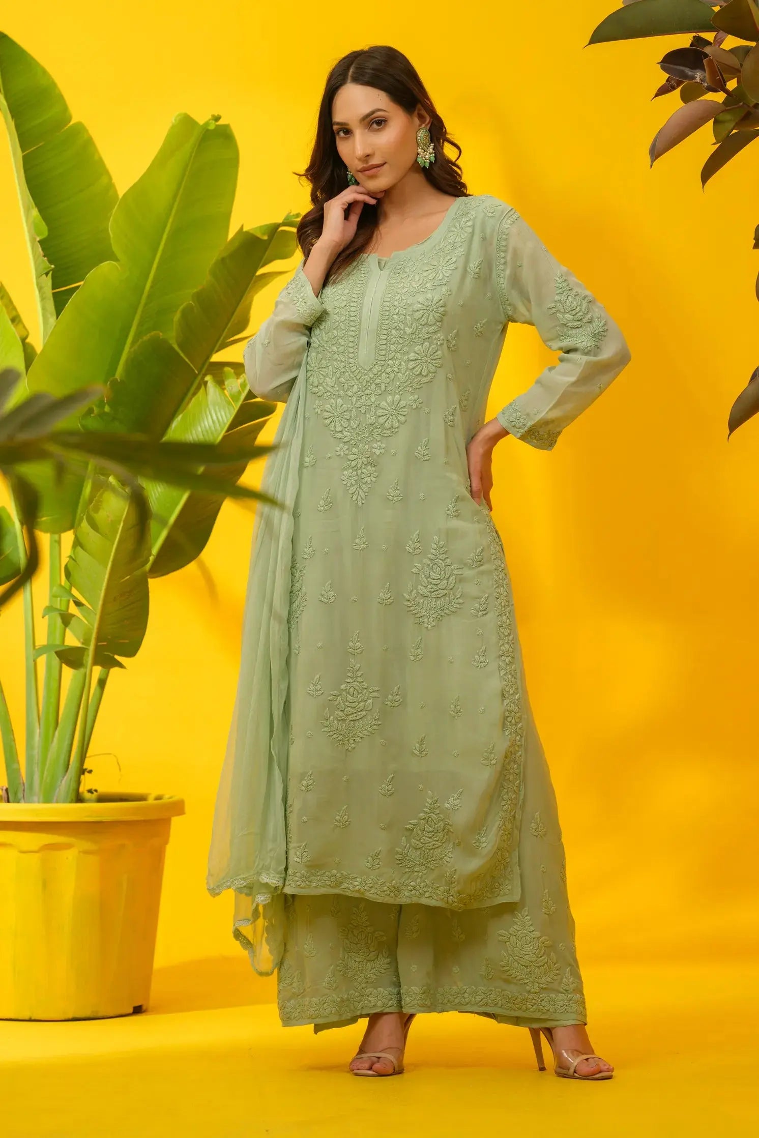 Viscose Chikankari Kurta Set with Palazzo & Dupatta The House of Indu