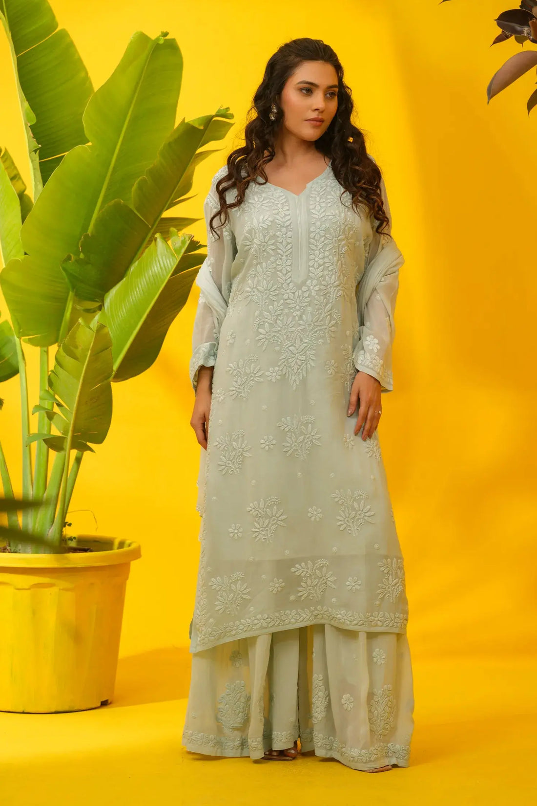 Viscose Chikankari Kurta Set with Palazzo & Dupatta The House of Indu