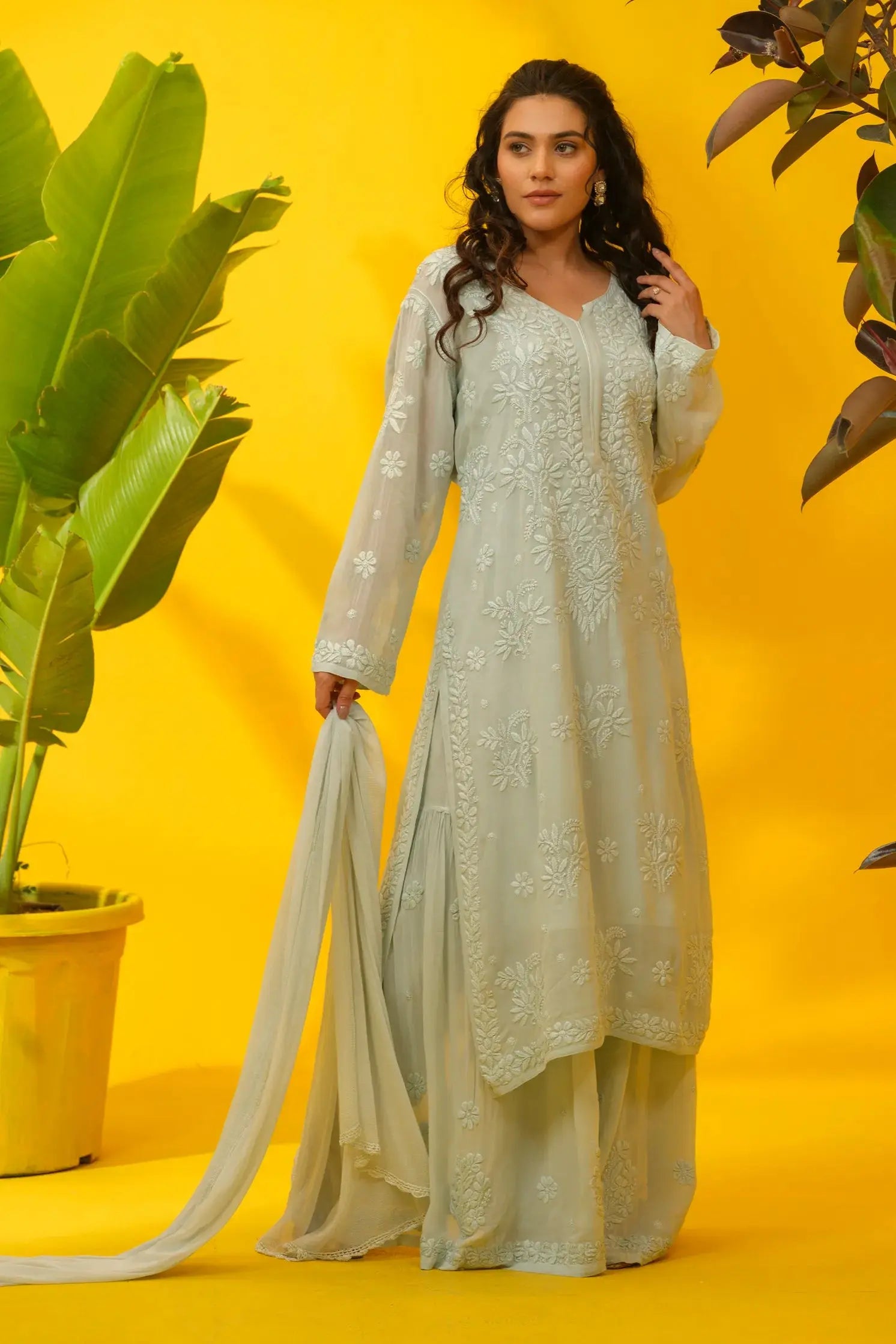 Viscose Chikankari Kurta Set with Palazzo & Dupatta The House of Indu