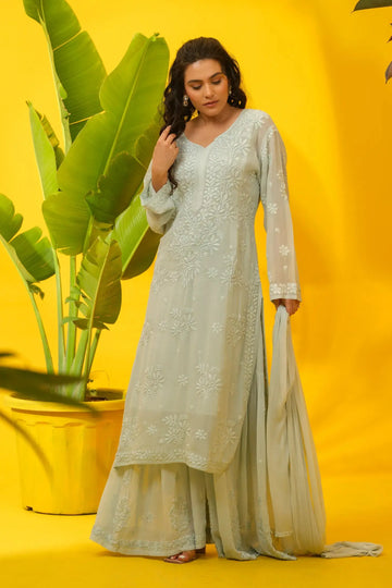 Viscose Chikankari Kurta Set with Palazzo & Dupatta The House of Indu