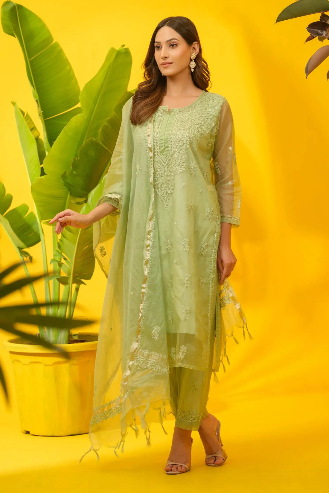 Organza Chikankari Kurta & Plazzo Set with Dupatta The House of Indu