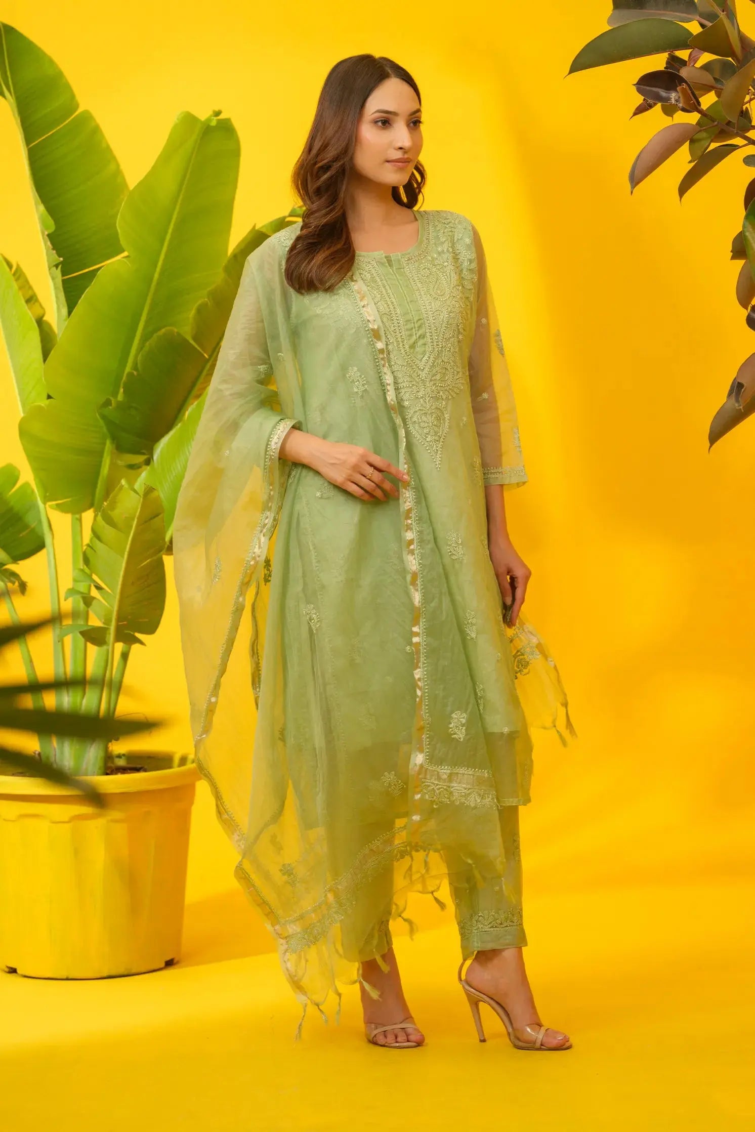 Organza Chikankari Kurta & Plazzo Set with Dupatta The House of Indu