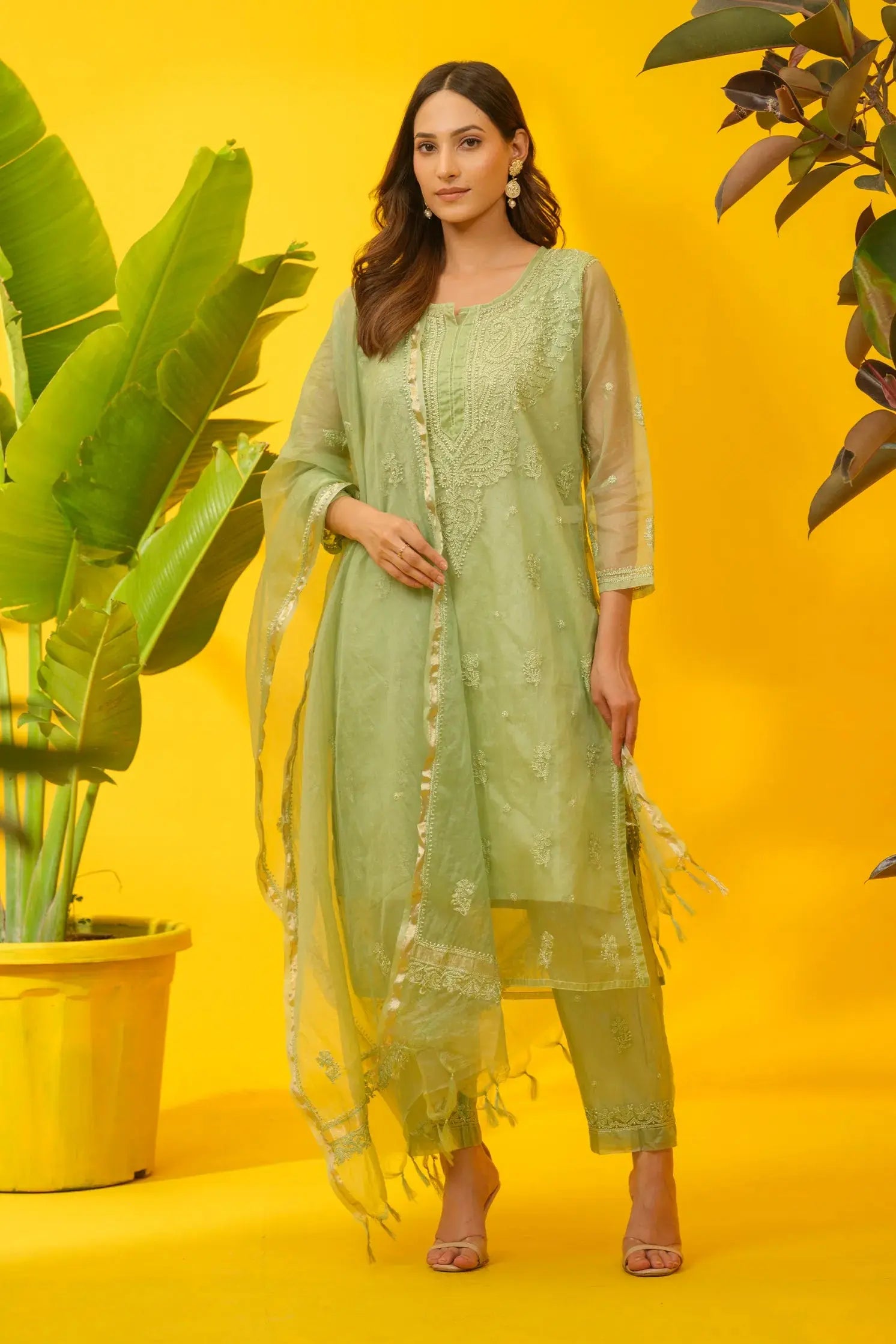 Organza Chikankari Kurta & Plazzo Set with Dupatta The House of Indu