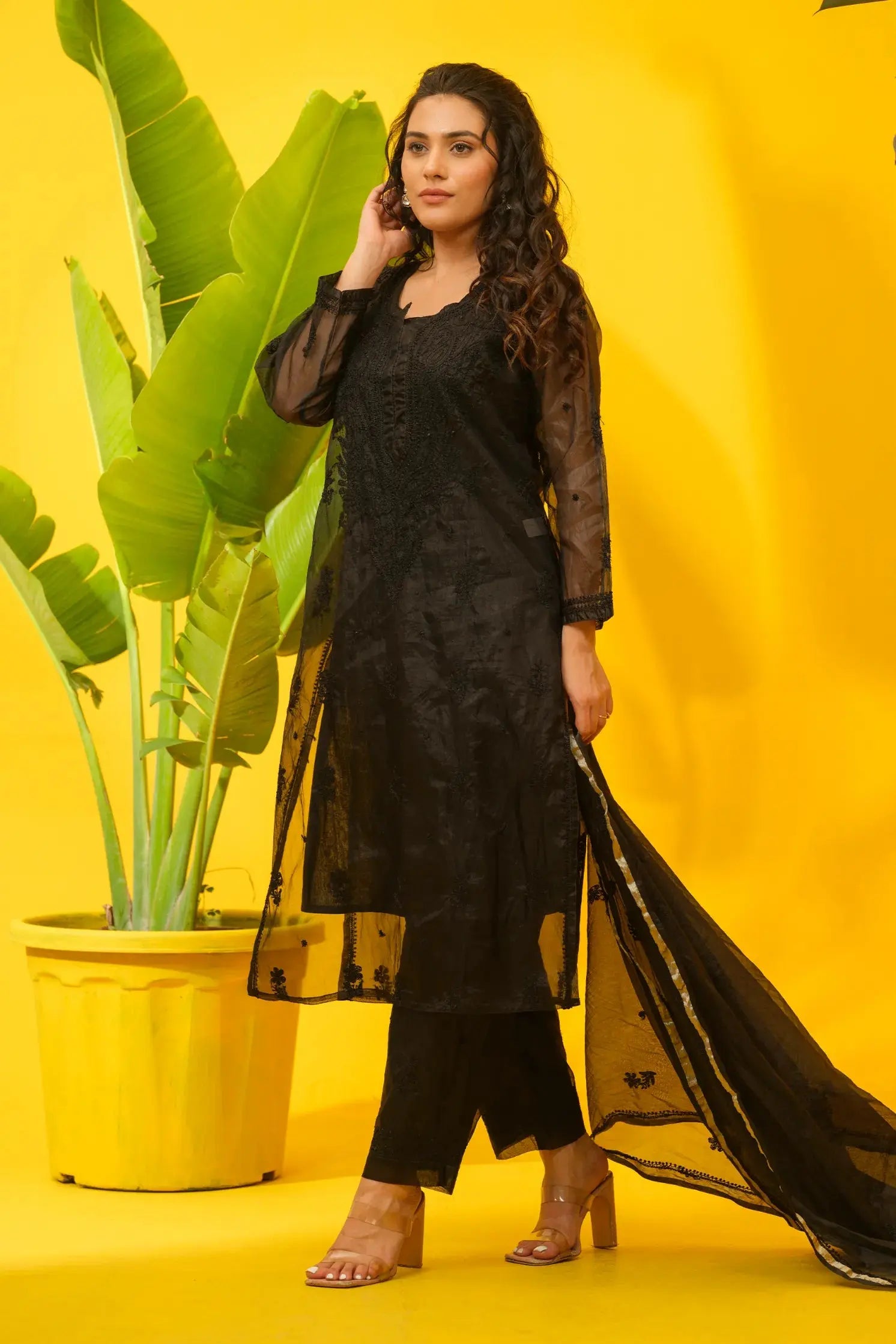 Organza Chikankari Suit Set with Bottom Dupatta