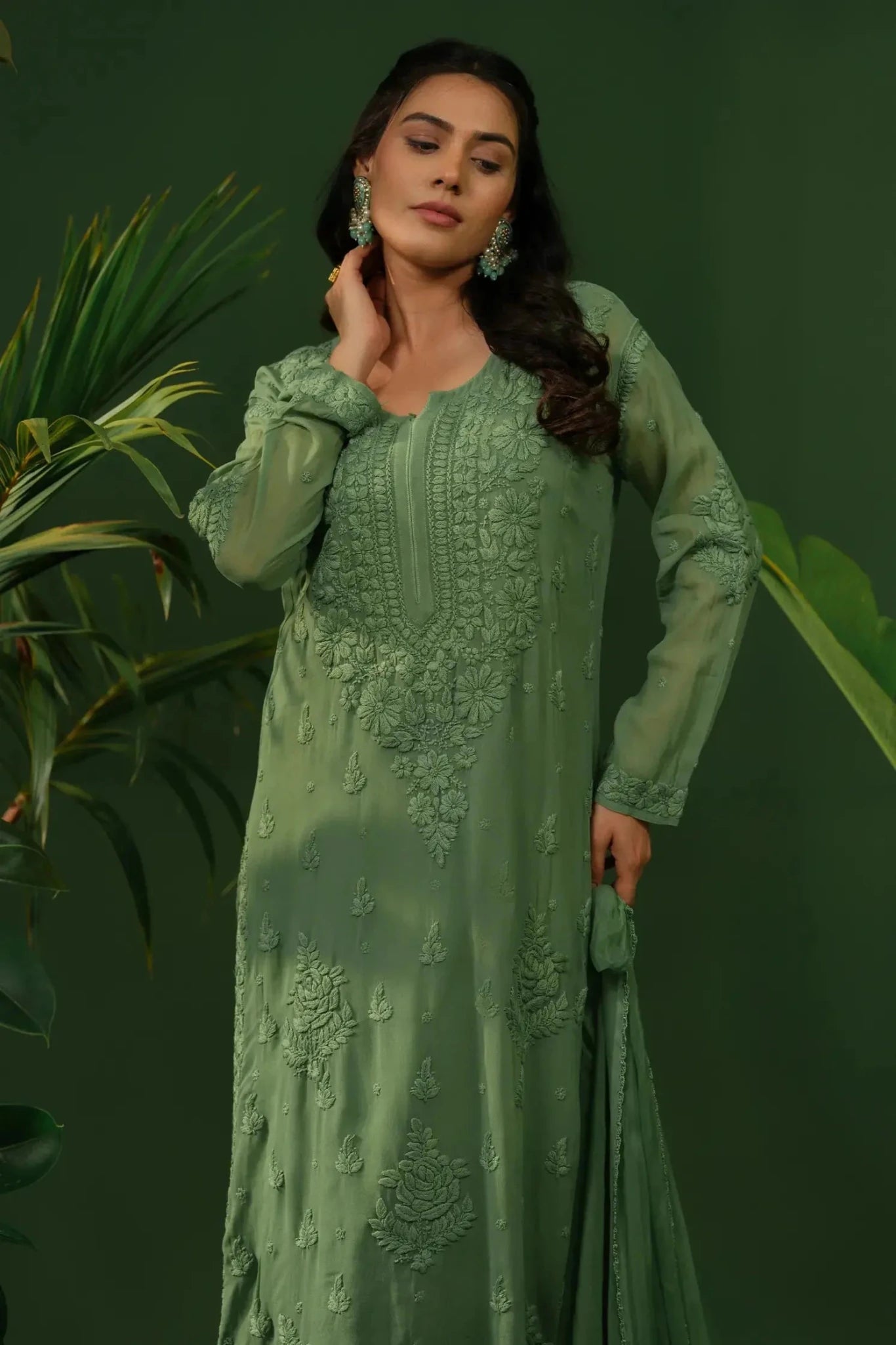 Viscose Chikankari Suit Set with Palazzo & Dupatta - The House of Indu