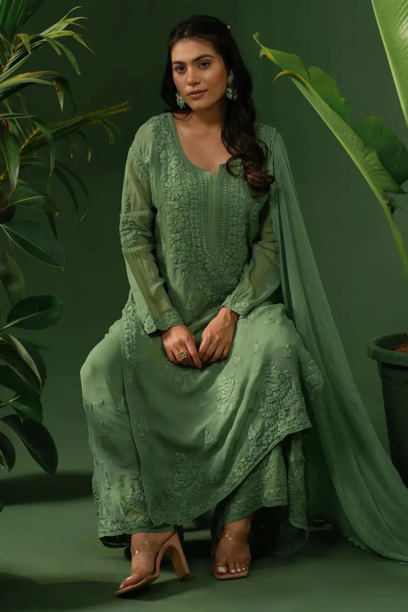 Viscose Chikankari Suit Set with Palazzo & Dupatta - The House of Indu